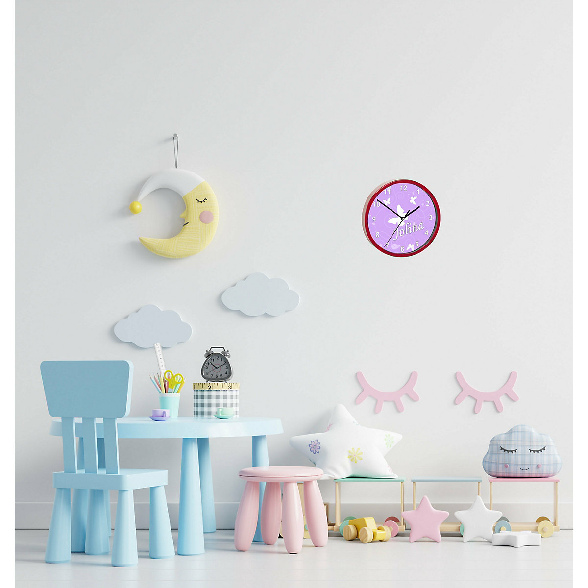 Kinder Wanduhr laufruhig personalisiert mit Name Schmetterling Flieder