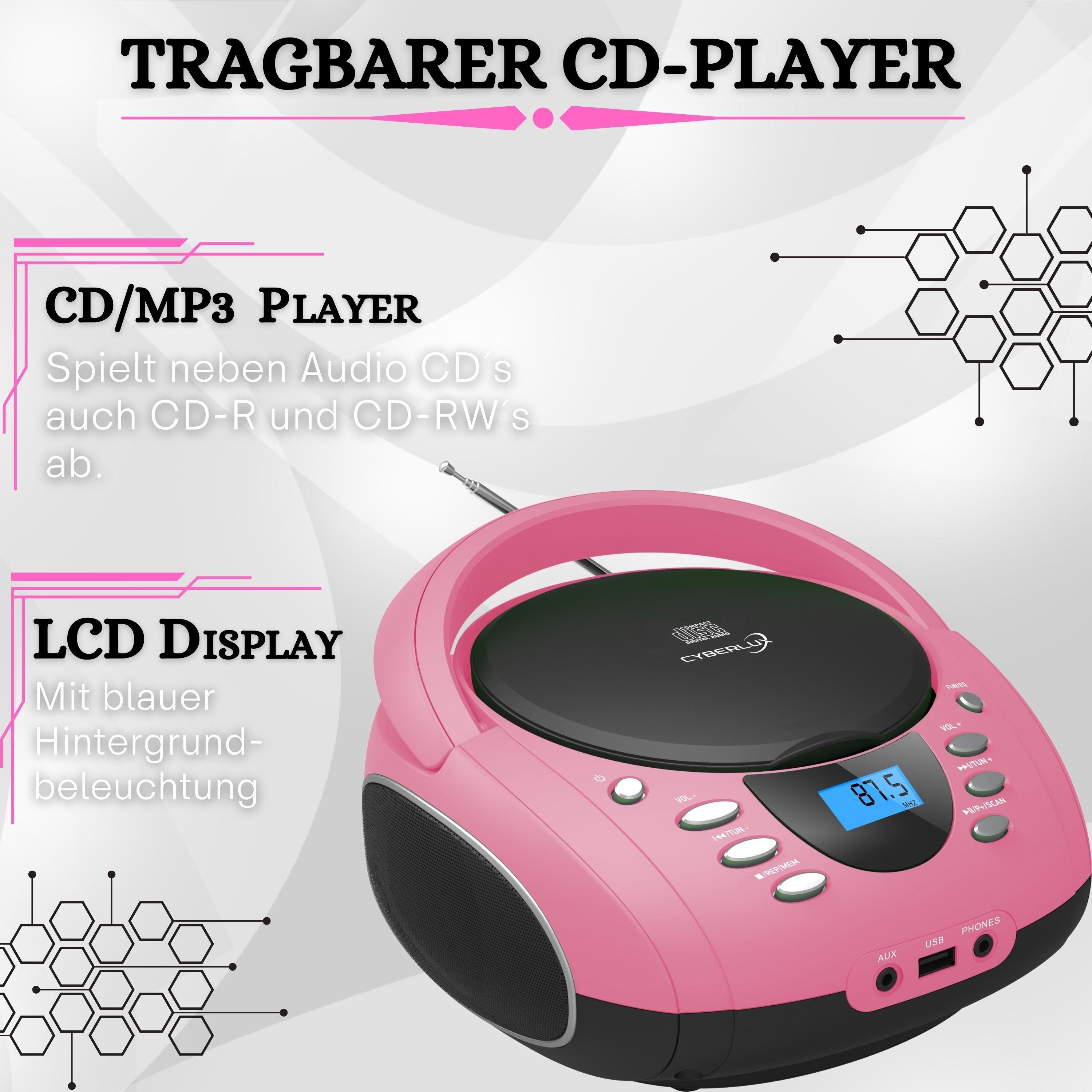 Cyberlux CL-720 tragbarer CD-Player (CD, Kinder CD Player tragbar, Boombox, Musikbox, FM Radio mit MP3 USB)