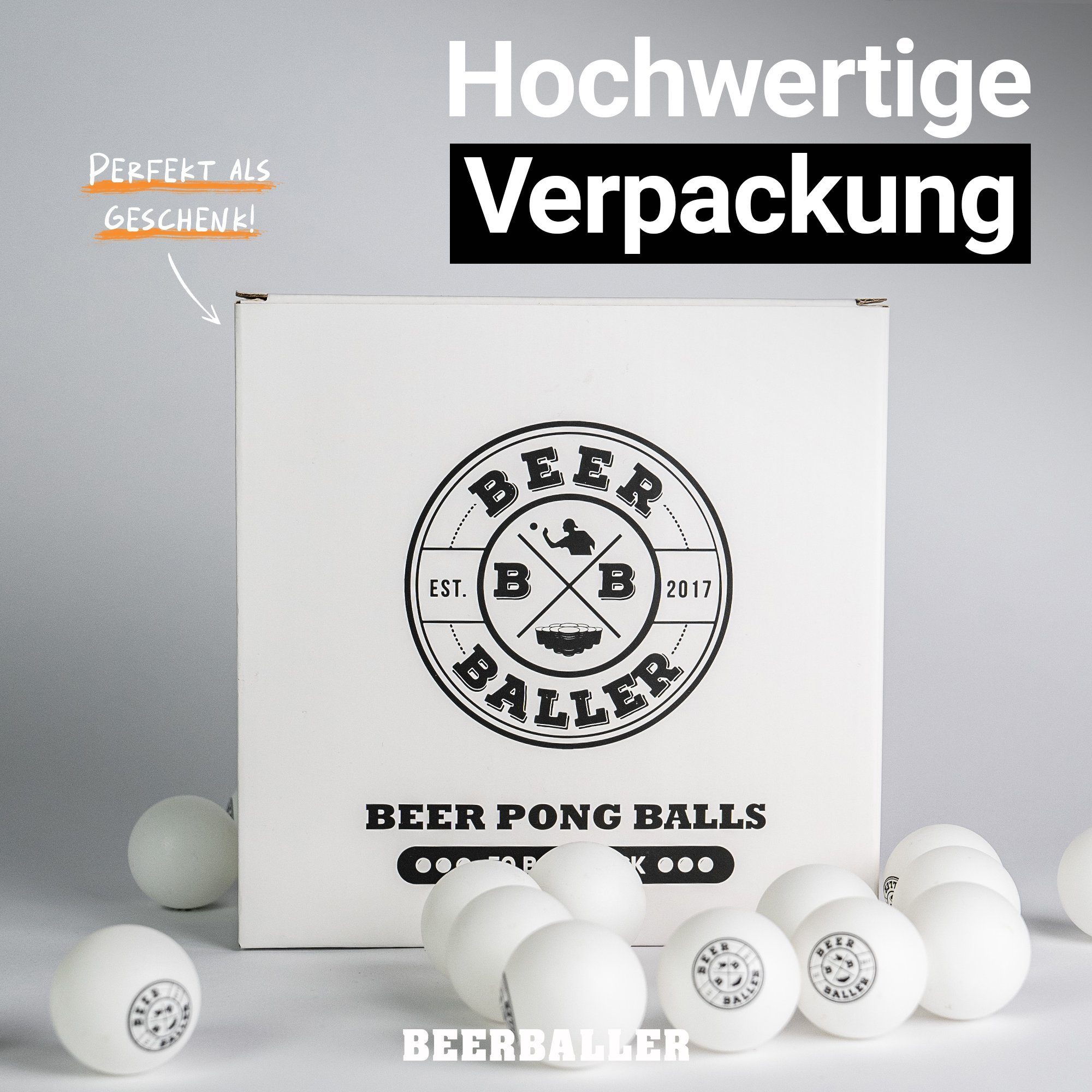 BeerBaller Tischtennisball BeerBaller® Beer Pong Bälle - 50 hochwertige, weiße Tischtennisbälle (Packung, 50er Pack), Optimiert für Beer Pong und Rage Cage