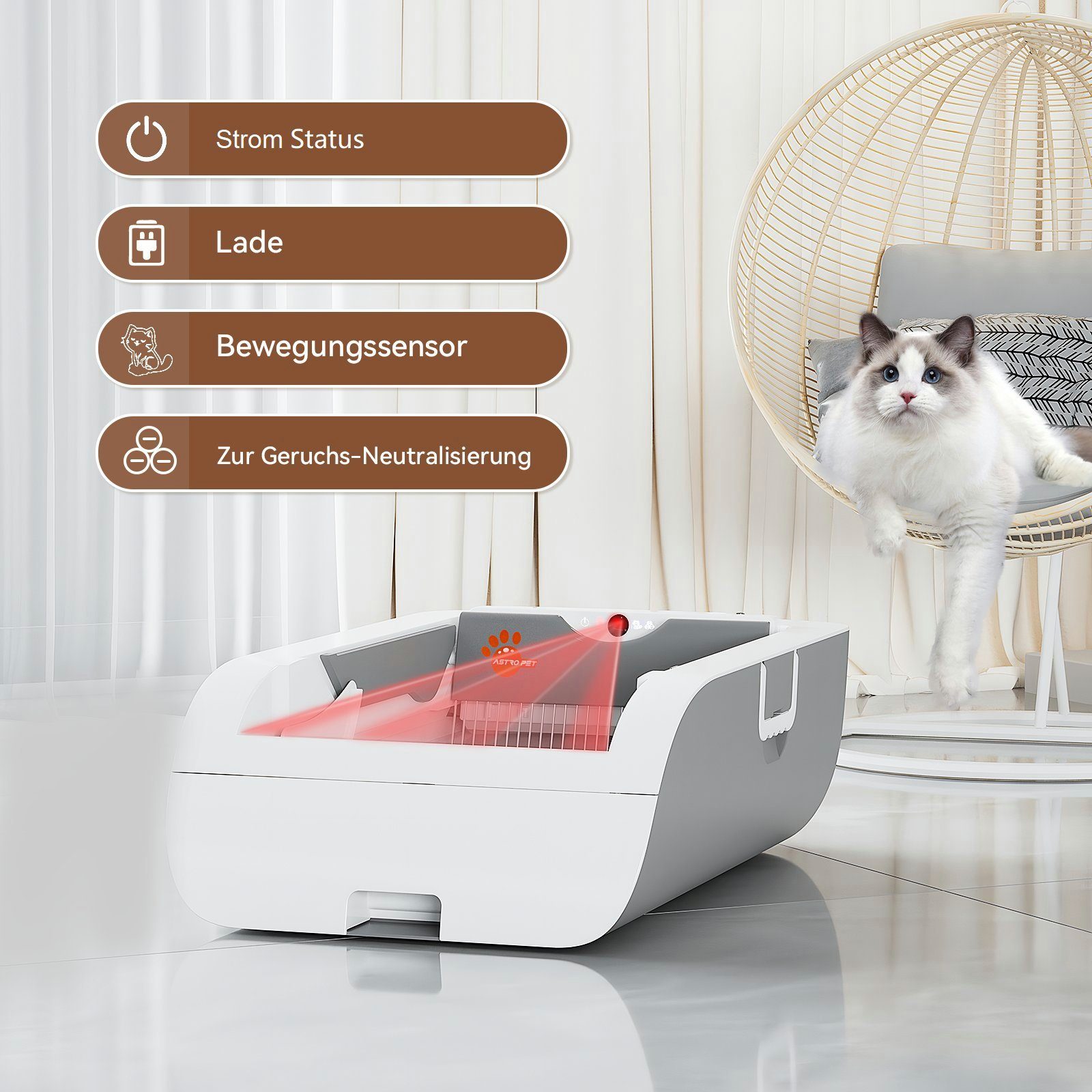 AstroPet Katzentoilette Tastensteuerung, Batteriebetrieben, Einklemmschutz und Desodorierung, 79,5L x 27,5B x 52,5H cm