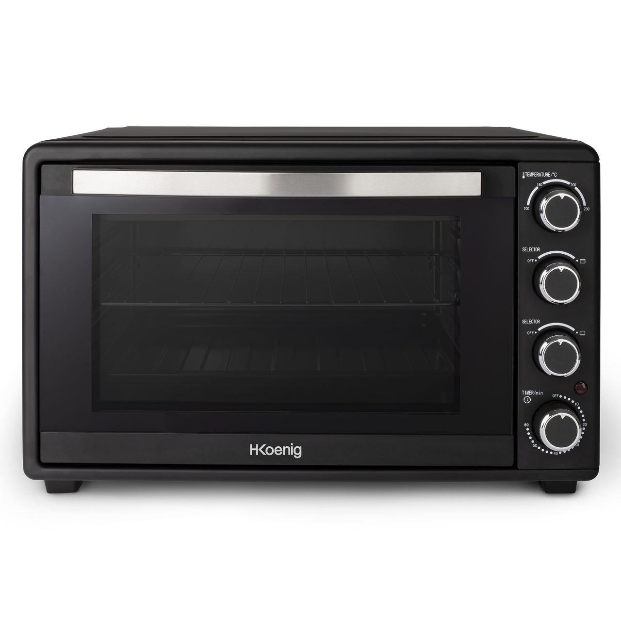 H.Koenig elektrischer Mini-Backofen FO45, 45 Liter Kompakt, Freistehend, Multifunktionell, Leistungsstark 1500W, Programmierbar - 6 Modi, 230°, 60 Min Timer, Glastür Doppelverglasung, Antihaft-Backblech