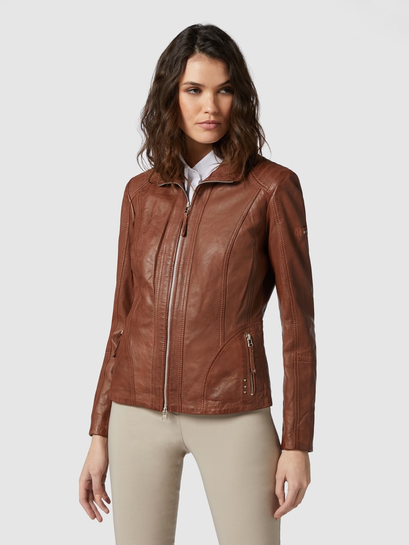 Lederjacke mit variablem Stehkragen in cognac