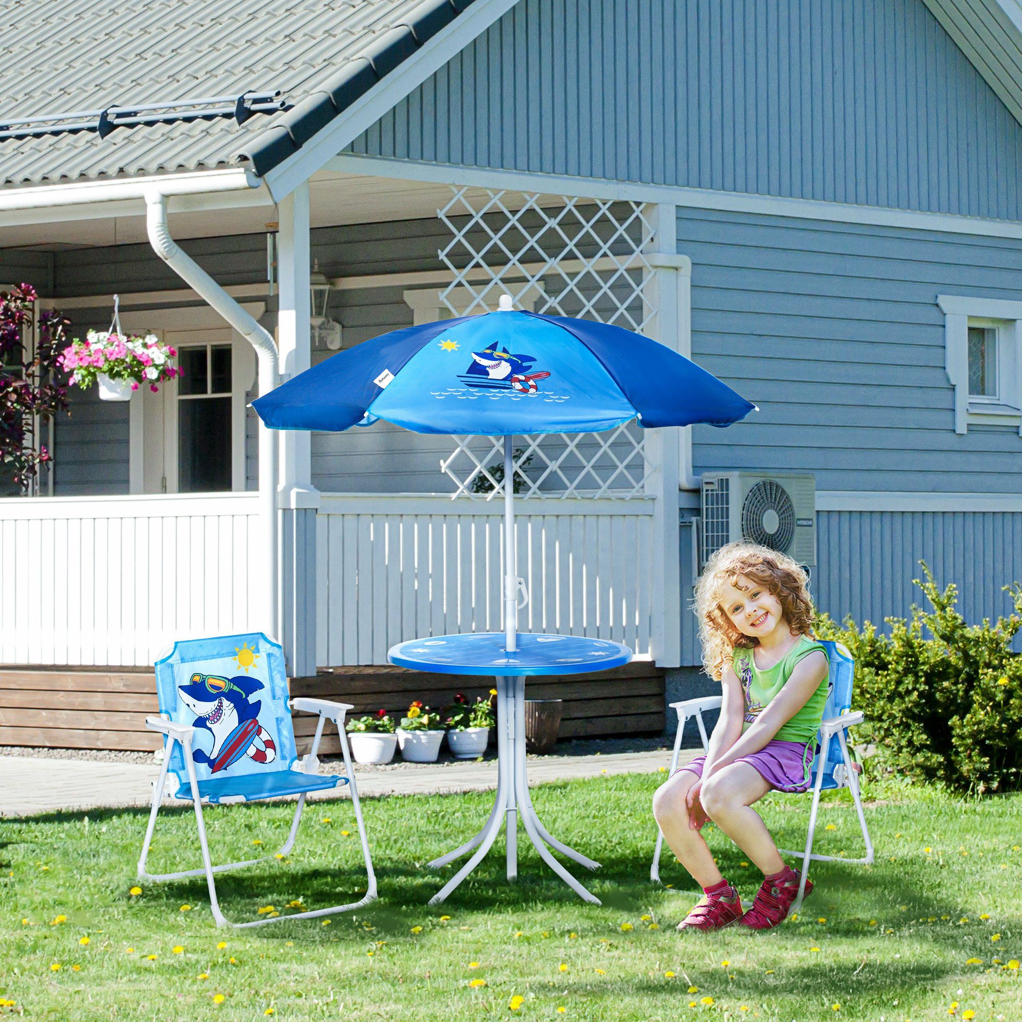 Outsunny Kindersitzgruppe Kindersitzgruppe, (Set, 4-tlg., 2 Stühle, 1 Tisch), Tisch mit Sonnenshirm