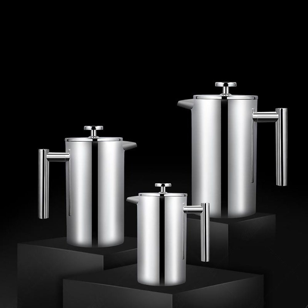 SCOKIT French Press Kanne French Press Kaffeebereiter aus Edelstahl, 350l Kaffeekanne, Kaffeemaschine mit zweifachem Edelstahlfilter Wänden-Silber
