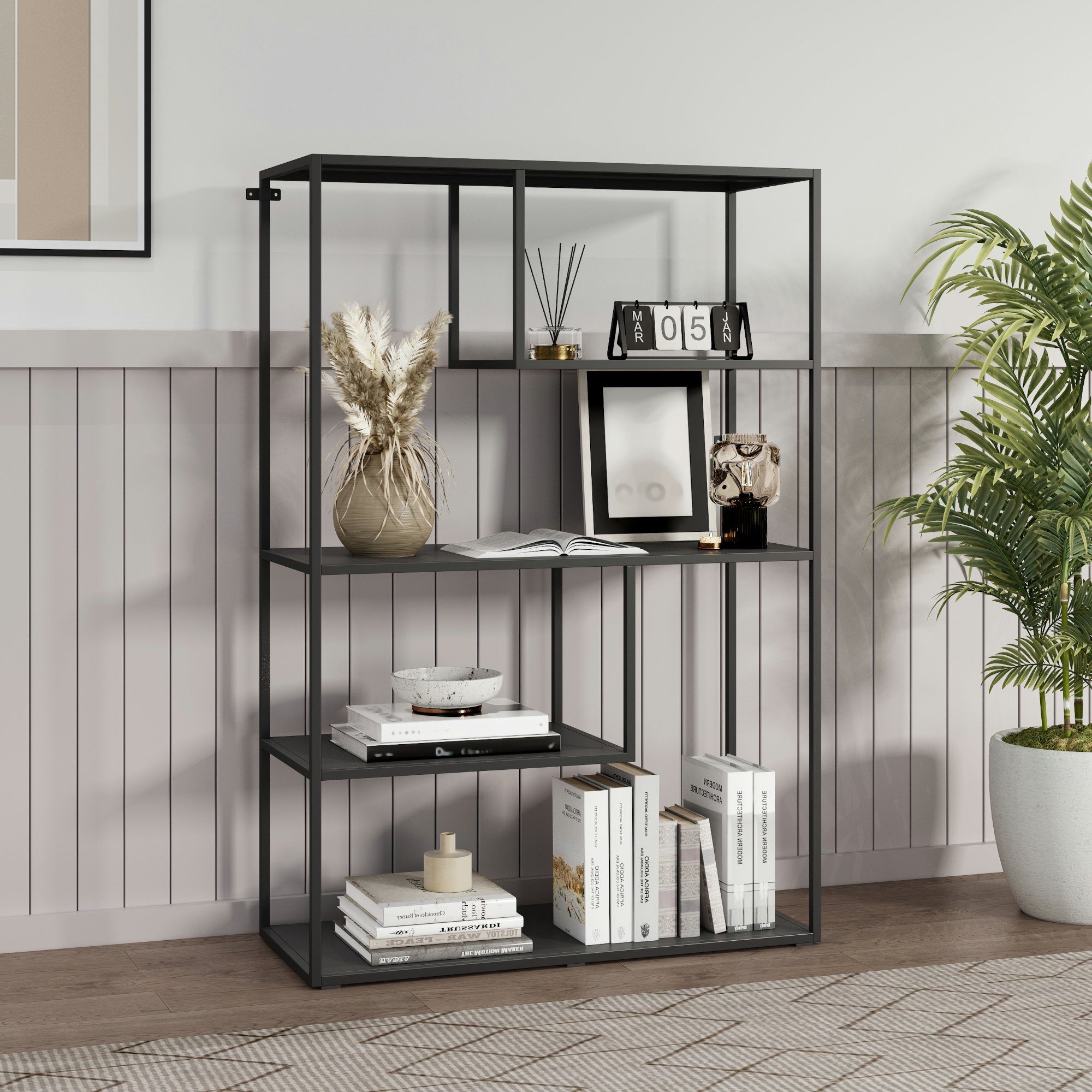 en.casa Bücherregal, Sievi Standregal mit 4 Ablagen aus Stahl 126 x 85 x 35 cm Schwarz