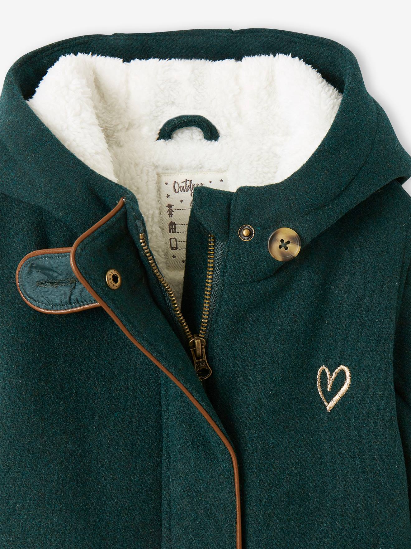 Manteau à capuche en drap de laine fille doublé sherpa chamois