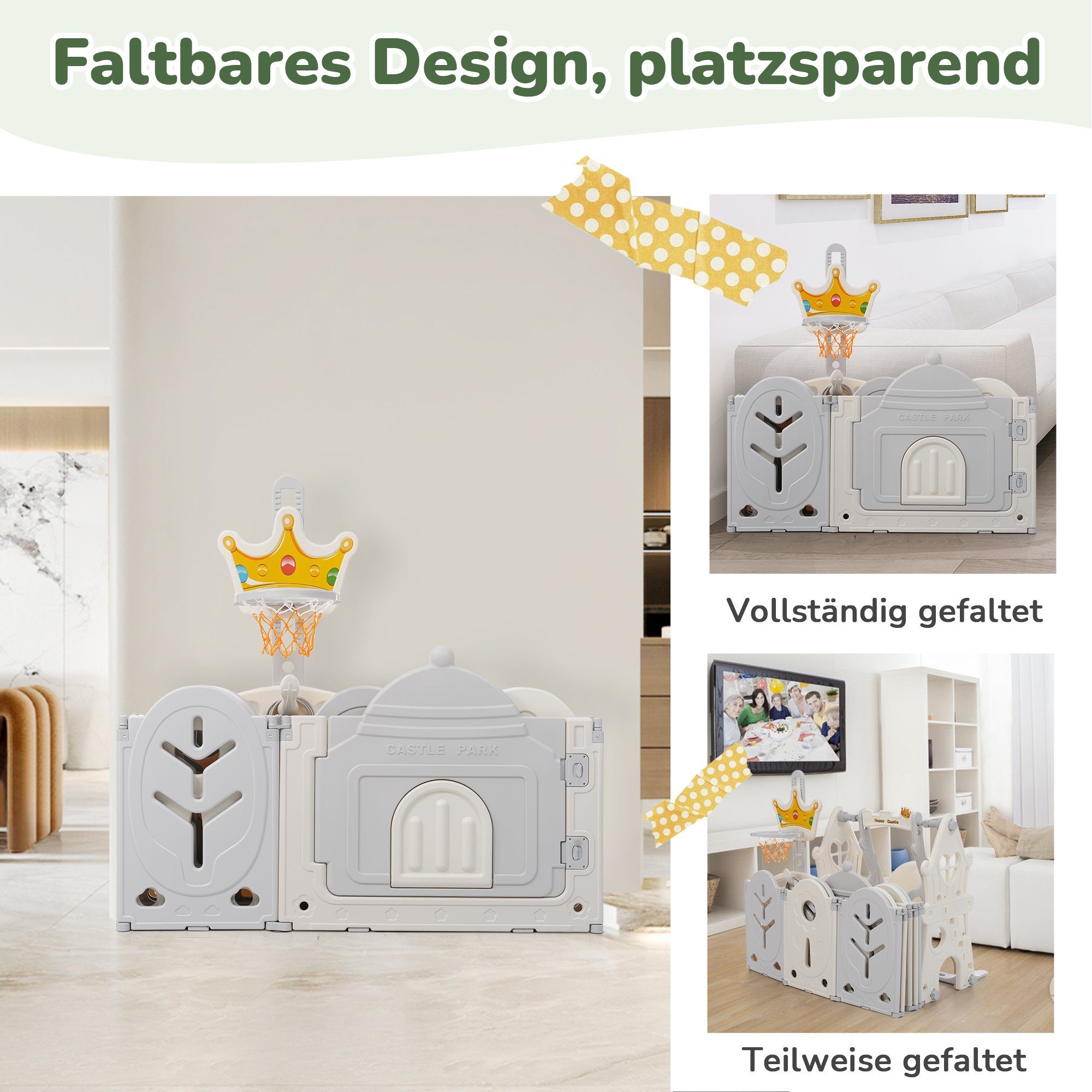 BlingBin Laufgitter 12+2Baby-Laufstall abnehmbar, faltbar (14-tlg), mit Tür, Spielbrett, Basketballkorb und Kinderschaukel, 200*160*90cm
