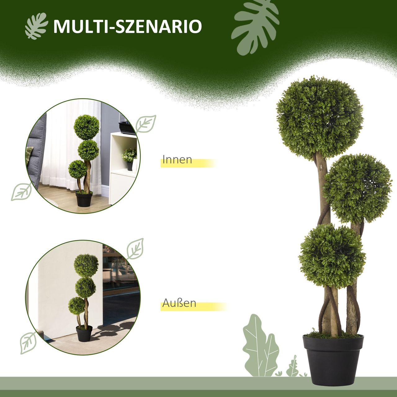 HOMCOM Künstliche Pflanze, Kunstpflanze, 90 cm Buchsbaum im Blumentopf, Hellgrün
