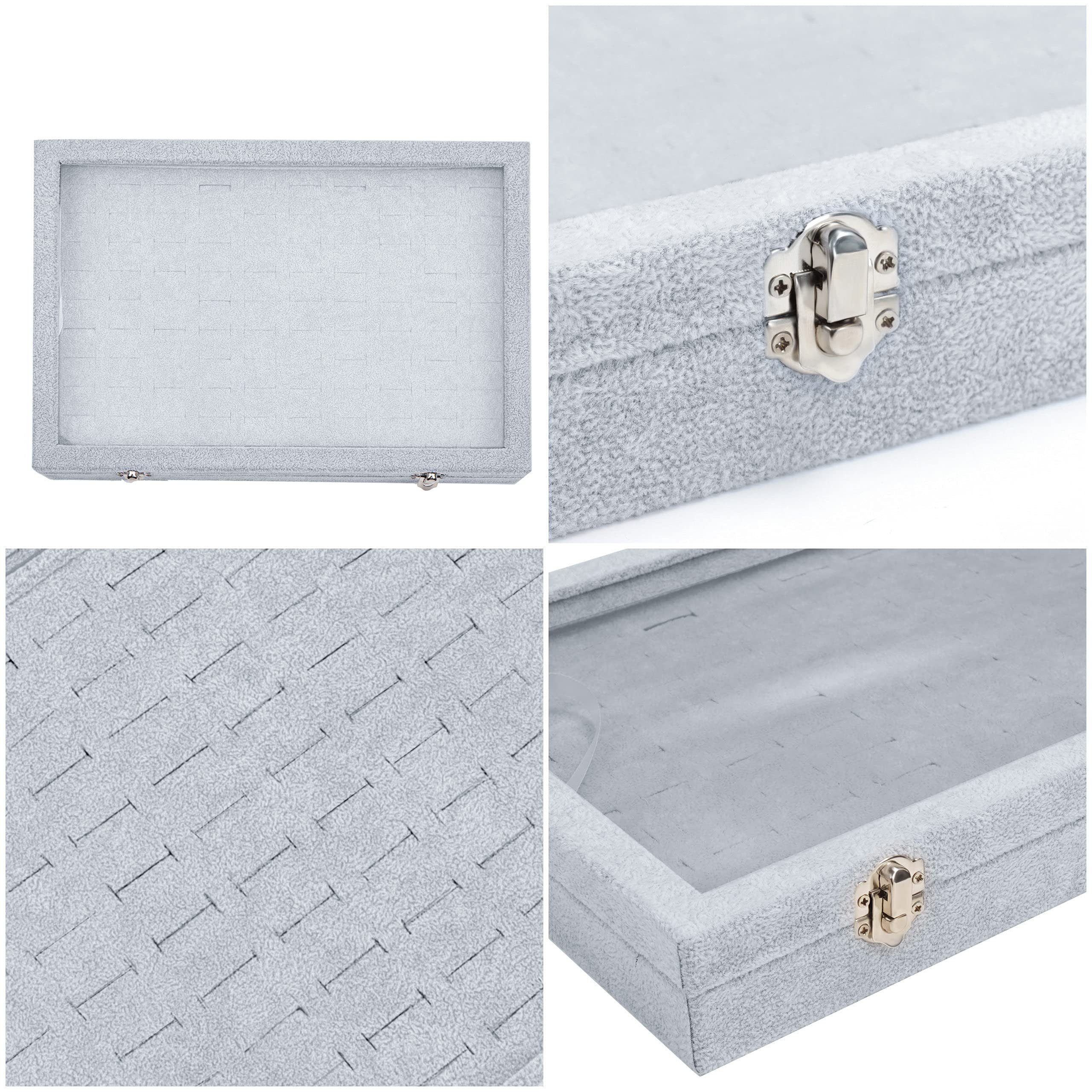 Belle Vous Schmuckständer Graue Schmuckaufbewahrungsbox: Ringbox mit 100 Fächern & Glasdeckel, Jewelry Storage Box: Gray Ring Box with 100 Compartments & Glass Lid