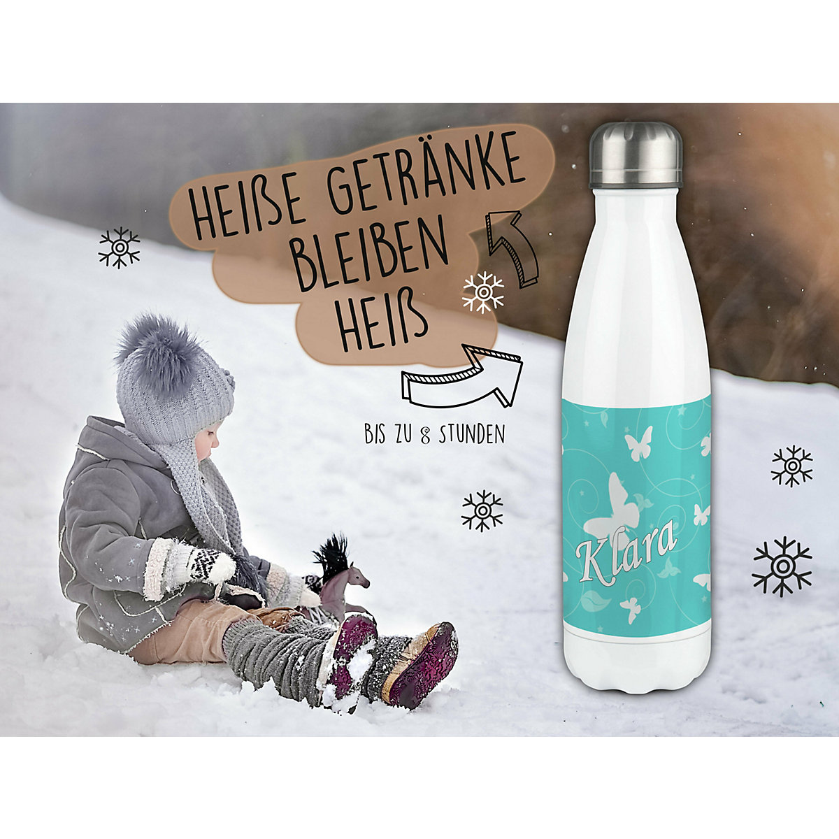 Edelstahl Kinder Thermoflasche / Trinkflasche bunt Schmetterling Ornamente Farbe türkis Spülmaschinenfest, Auslaufsicher, Bruchfest, Doppelwandig, Für Heißgetränke geeignet, Mit Deckel, Isoliert