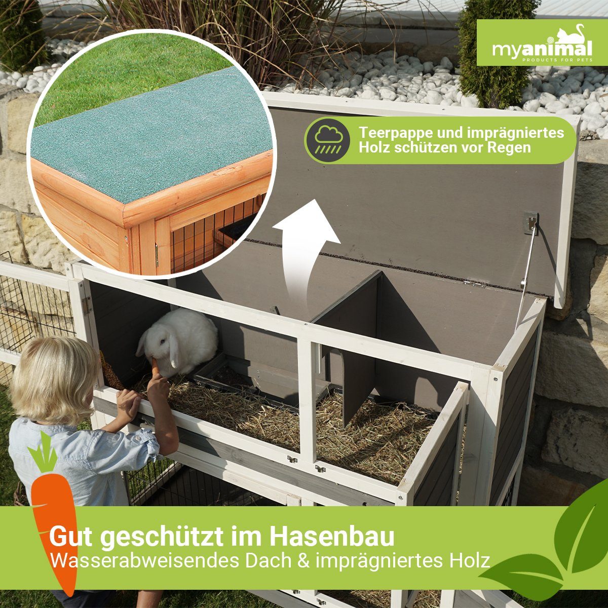 My Animal Kleintierstall XXL Hasenstall MH-20 - 2 Etagen - Wetter - & Winterfest, Doppelstockhaus - 4 Türen - aufklappbares Dach - Kaninchenstall Käfig