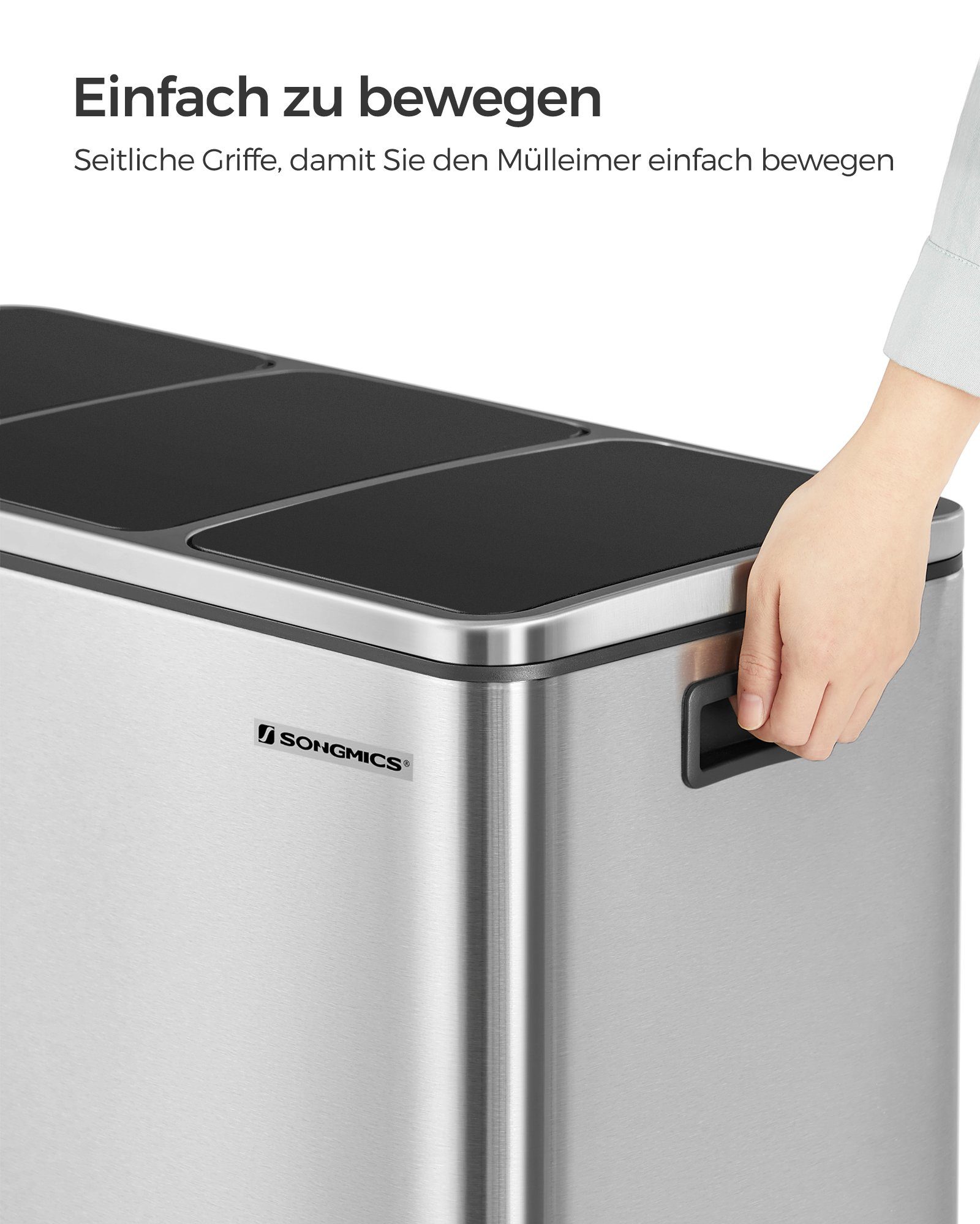 SONGMICS Mülleimer Mülltrennsystem, 3 x 18 L, ergonomisch, 3 Fächer, Küche