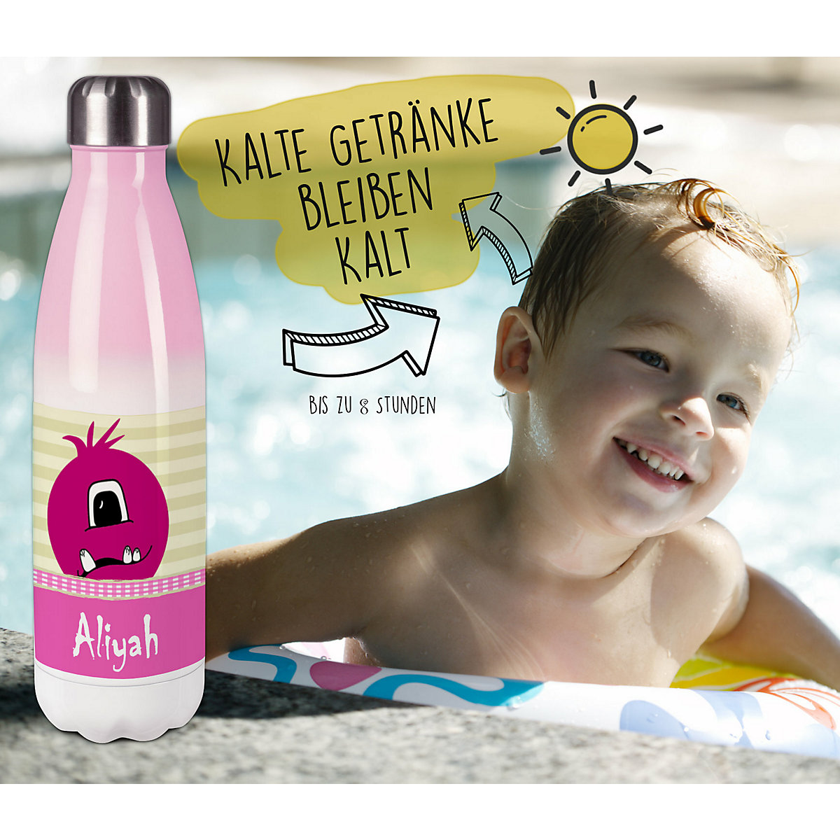 Edelstahl Kinder Thermoflasche / Trinkflasche bunt Monster Karo Farbe rosa Spülmaschinenfest, Auslaufsicher, Bruchfest, Doppelwandig, Für Heißgetränke geeignet, Mit Deckel, Isoliert