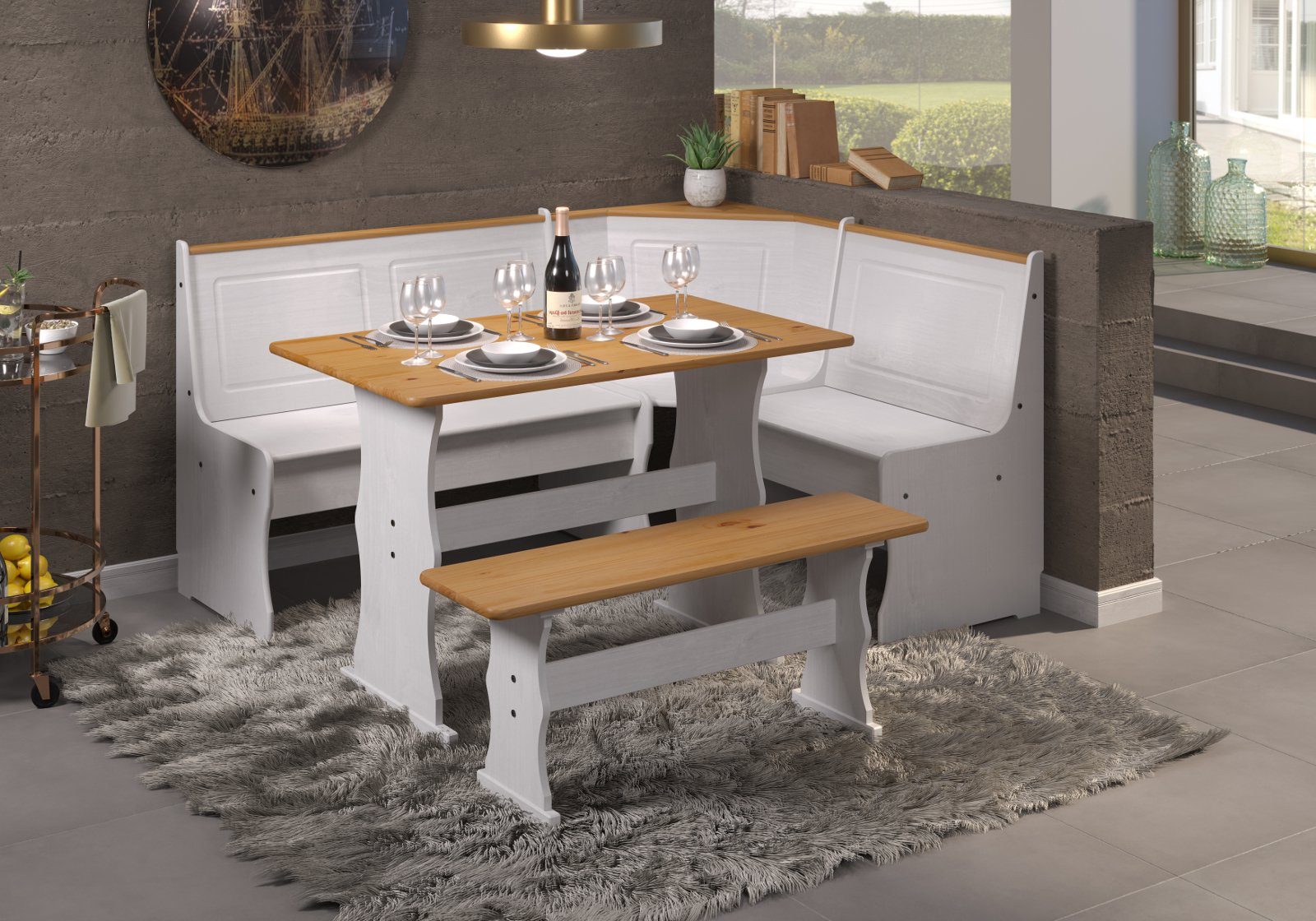 INTER-FURN Eckbankgruppe Paterno, (Kiefer massiv, weiß und honigfarben gewachst, Komplett-Set 3-teilig), inklusive Esstisch und Bank