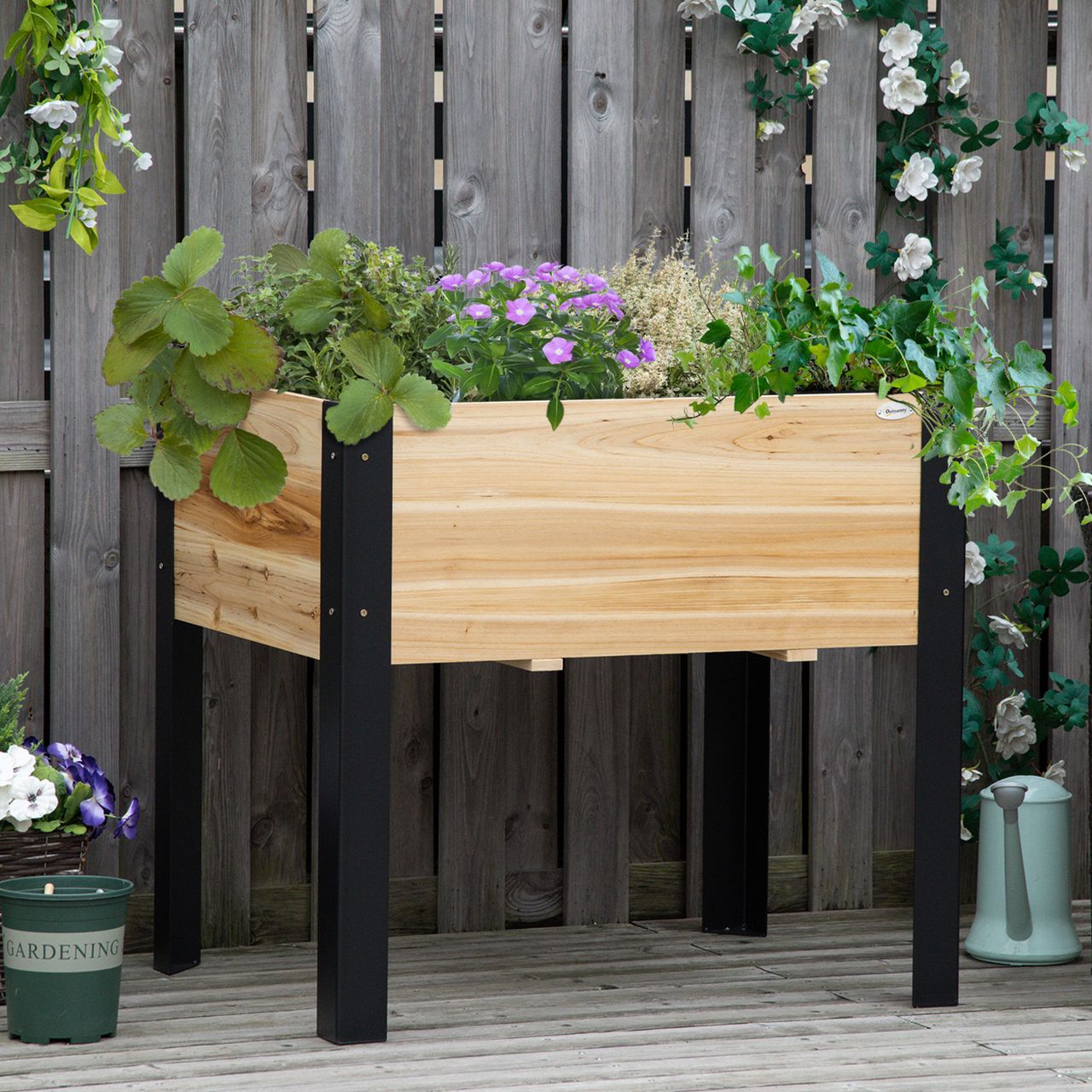 Outsunny Hochbeet Pflanzkasten Blumenkasten Blumentopf Kräuterbeet mit Vliesstoff Massivholz Stahl Natur Schwarz 80 x 60 x 74 cm