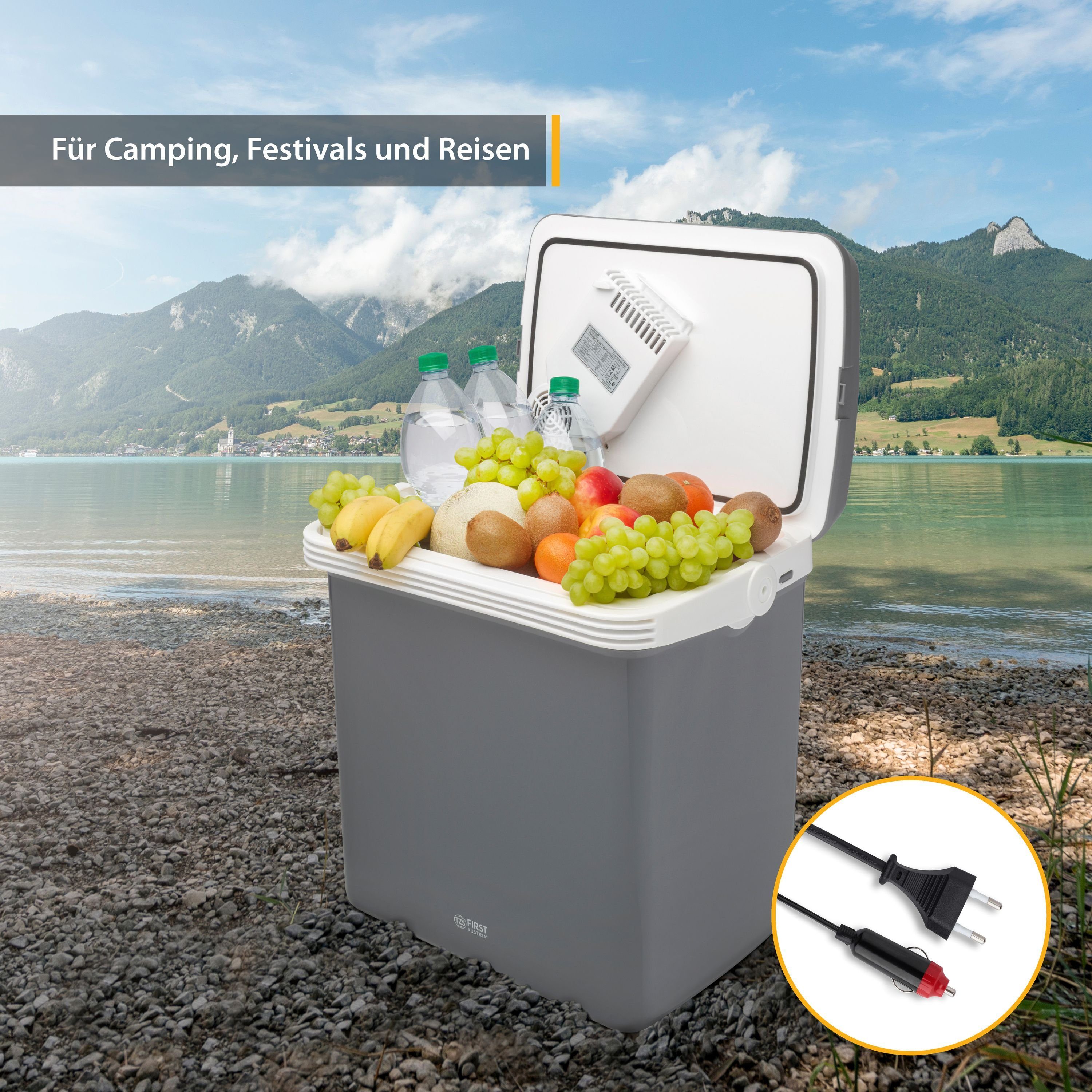 TZS FIRST AUSTRIA Elektrische Kühlbox elektrische Kühlbox, 32L, 12V /230V Anschluss, 12-V-Stecker fürs Auto, für Camping, Festivals, Reisen, mit Kühl- und Warmhaltefunktion