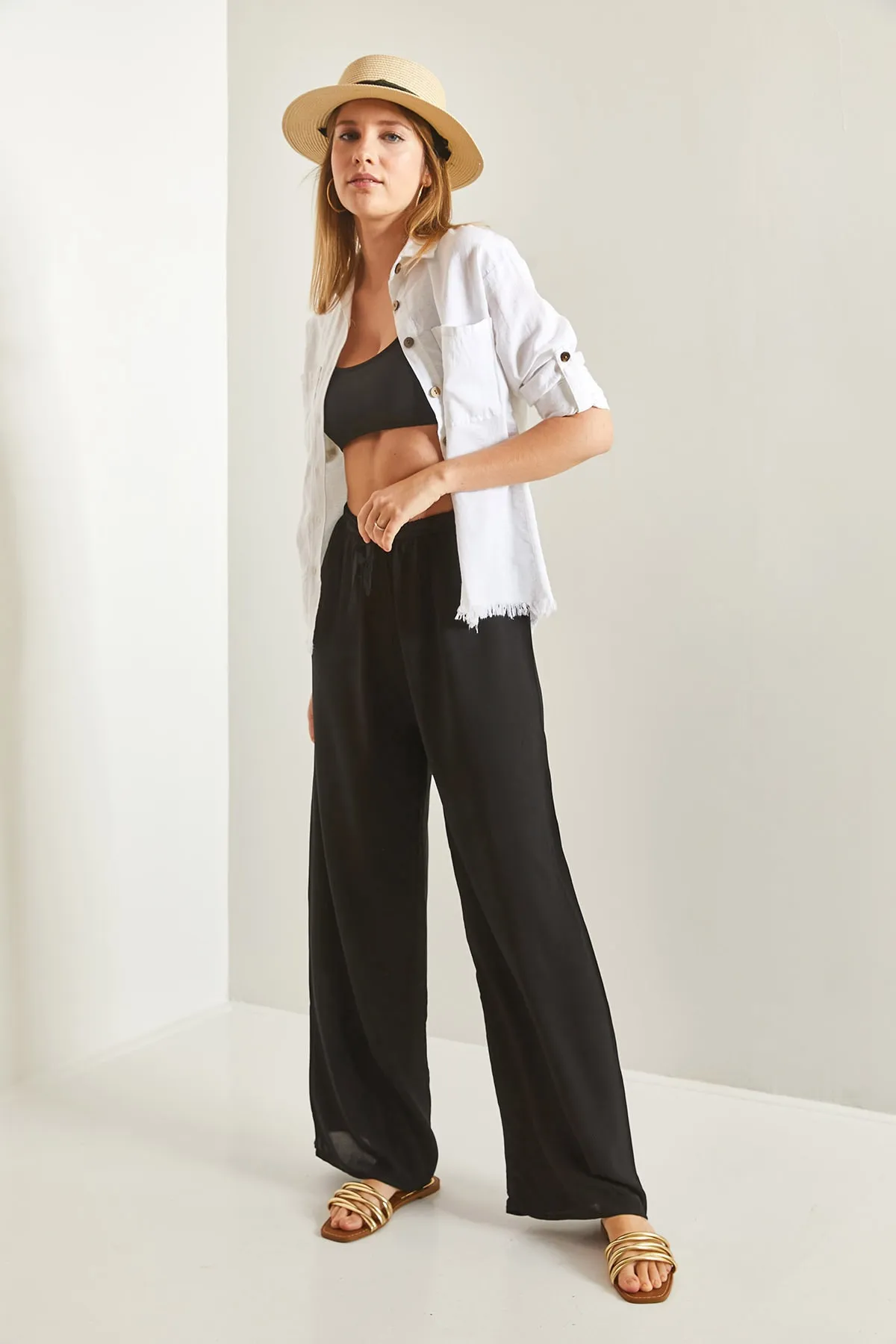 Bianco Lucci  Damen-Hose aus Viskose mit weitem Bein und Taillengürtel, Schwarz 10061050
