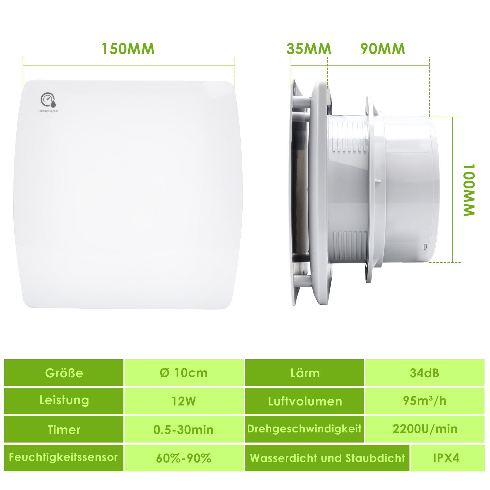 Clanmacy Wandventilator Badlüfter 10/15cm mit Feuchtsensor und Nachlauf und Timer