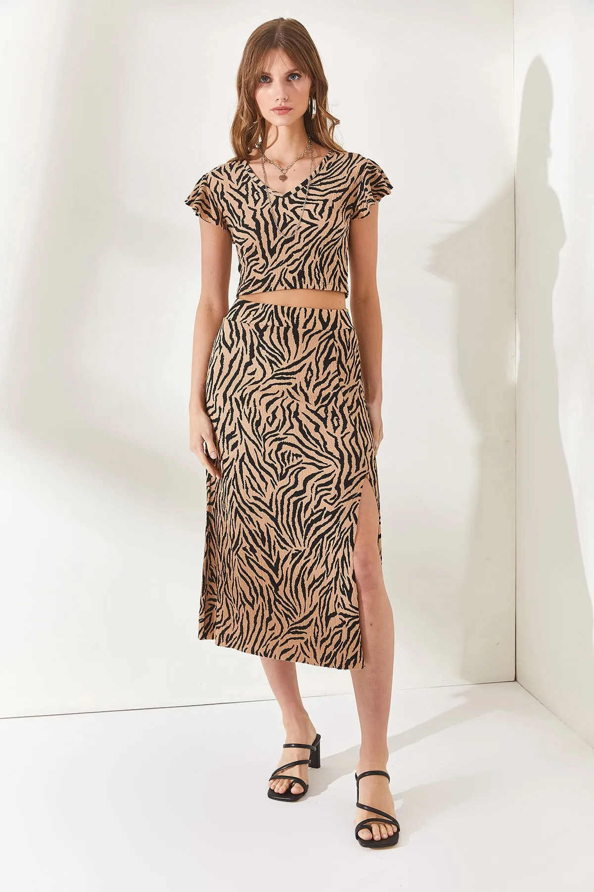 Olalook  Damen Kamel Zebra Top Bluse Unterteil Schlitz Rock Set TKM-19000198