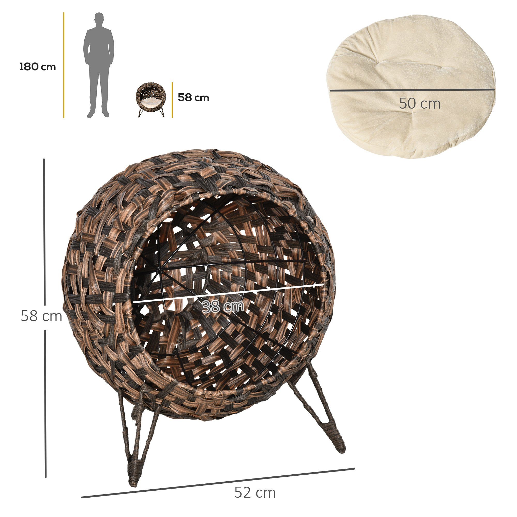 PawHut Tierhaus Katzenhaus aus Rattan mit Kissen Katzenhöhle mit erhöhten Füßen, Braun, Ø52 x H58 cm