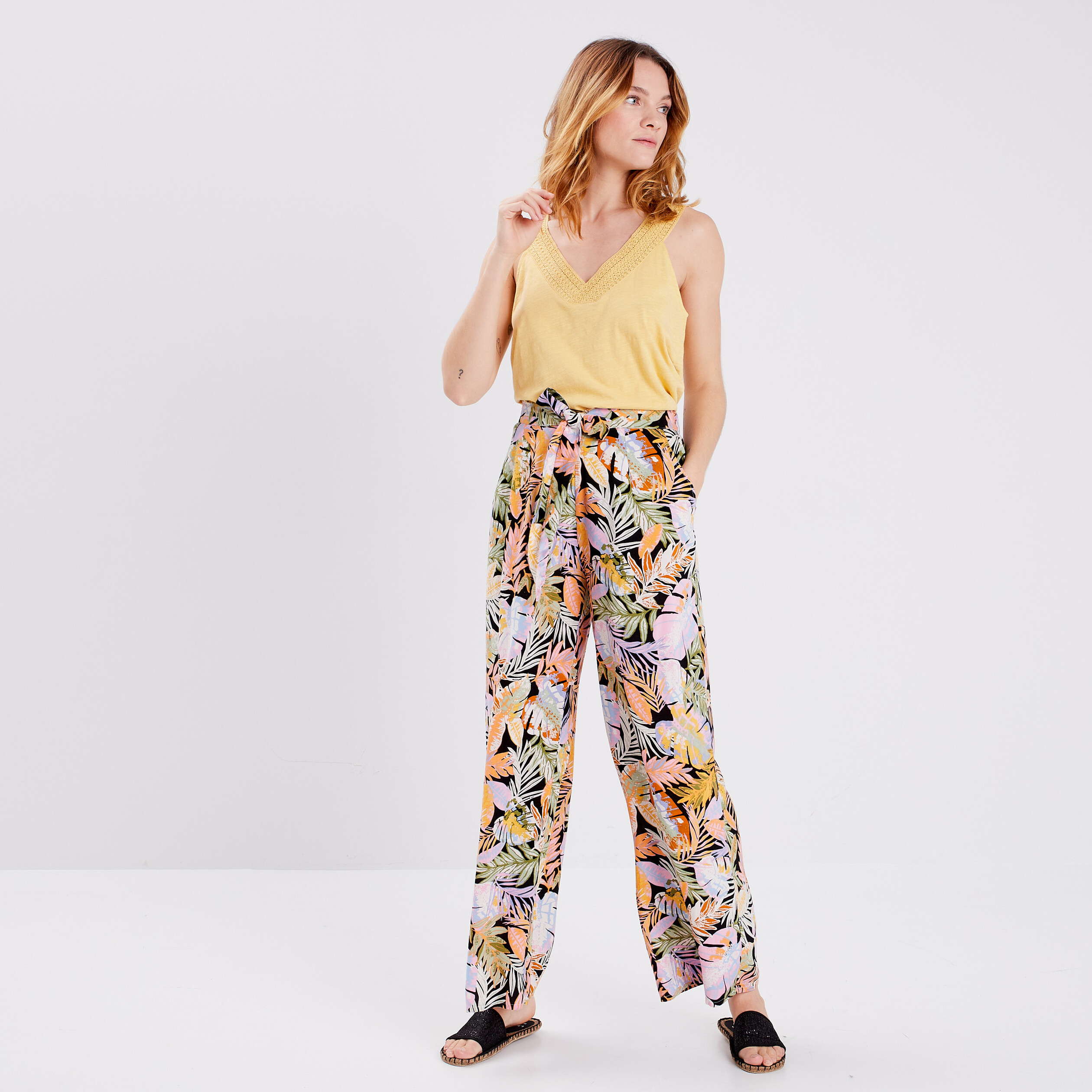 Pantalon wide leg fluide noir femme | La Halle