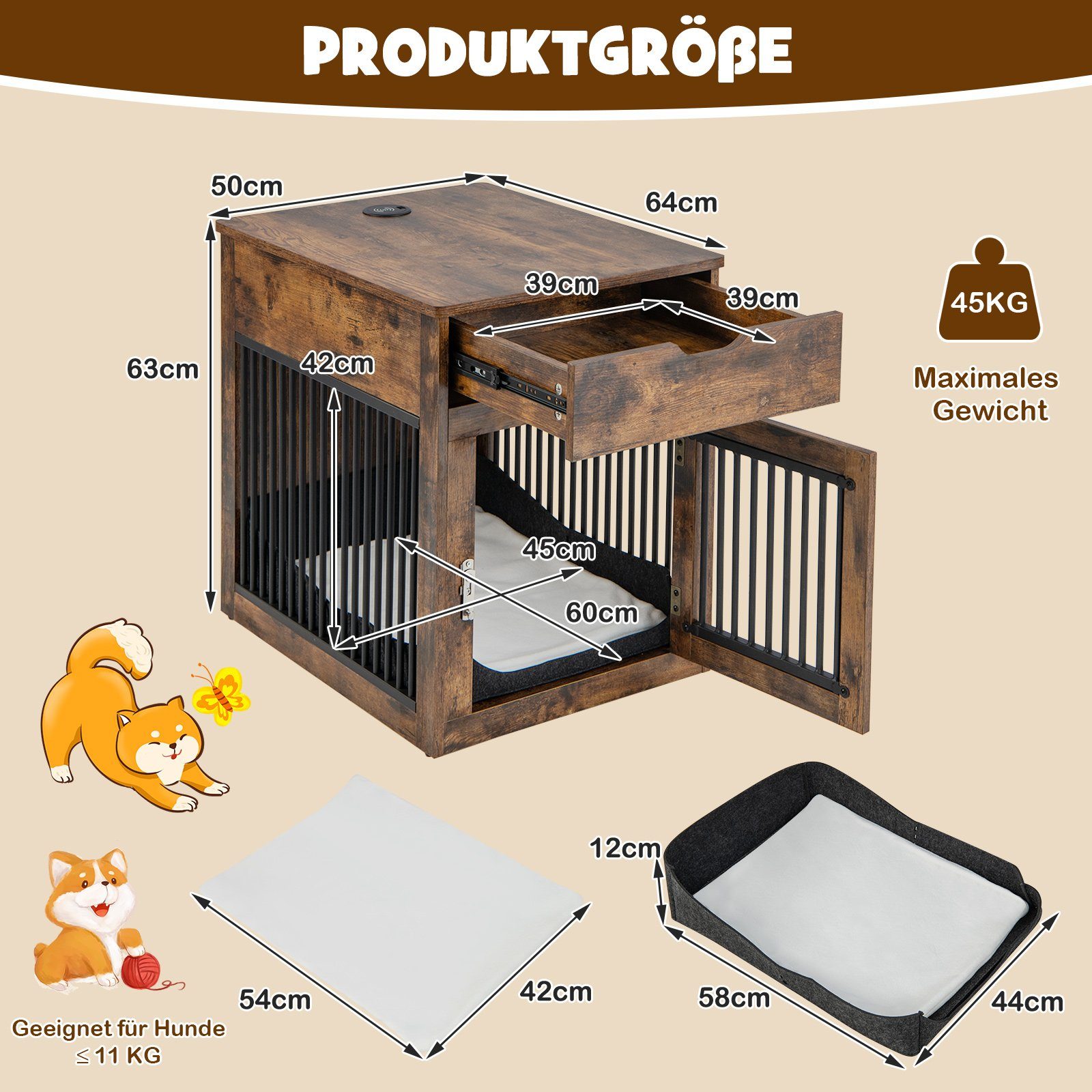 COSTWAY Hundehütte Hundekäfig, mit Ladestation, für S Hunde
