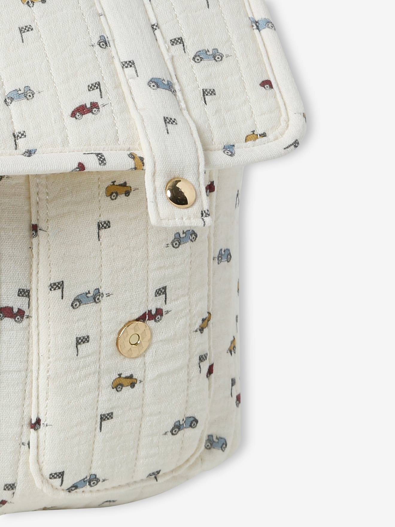 Cartable maternelle voitures garçon en gaze de coton matelassée écru