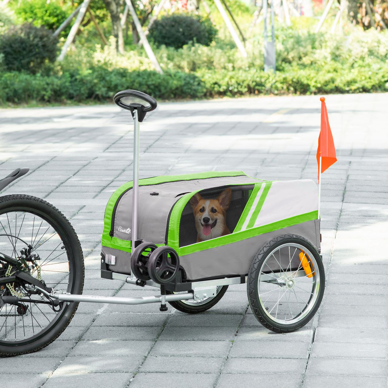 PawHut 2-in-1 Hundeanhänger Trolley für Haustier Lastenanhänger Grün Grau