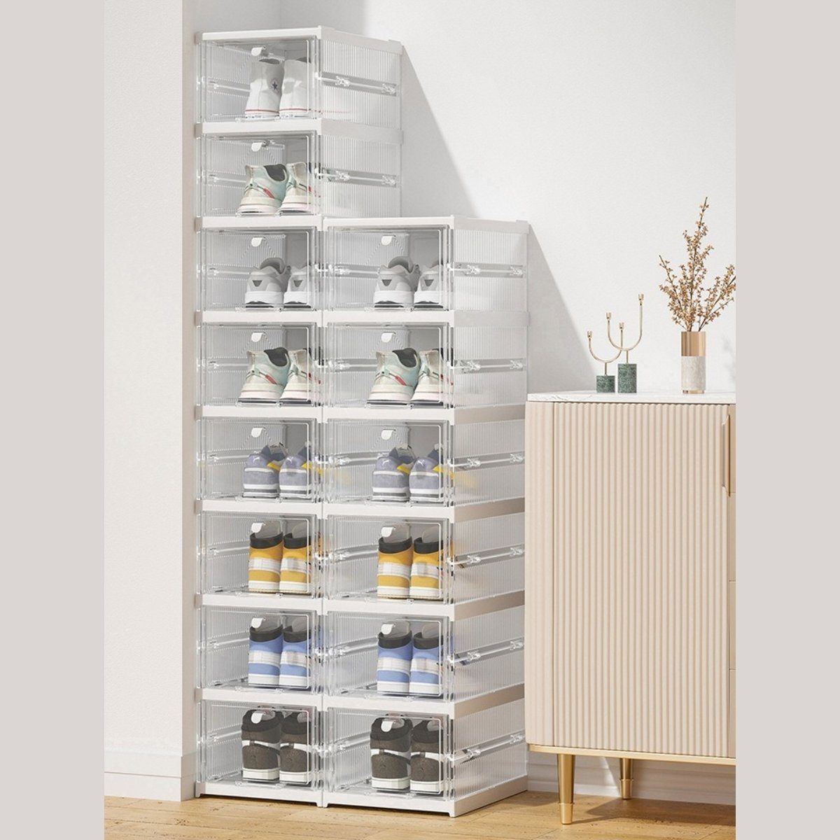 MULISOFT Schuhbox Schuhboxen 6er Set, stapelbare Schuhorganizer Aufbewahrungsbox, Kunststoffboxen mit durchsichtiger Tür, Schuhaufbewahrung