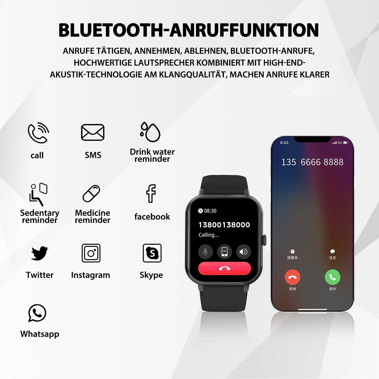 Yuede Smartwatch, Fitness Tracker uhr mit Anruffunktion für Damen und Herren Smartwatch (Quadratischer 1,85''-Voll-Touch-Farbdisplay Zoll Zoll) Gesundheits-Smartwatch mit Blutsauerstoff, Blutdruckmessung, Herzfrequenz, Schlafqualität, Schrittzähler,