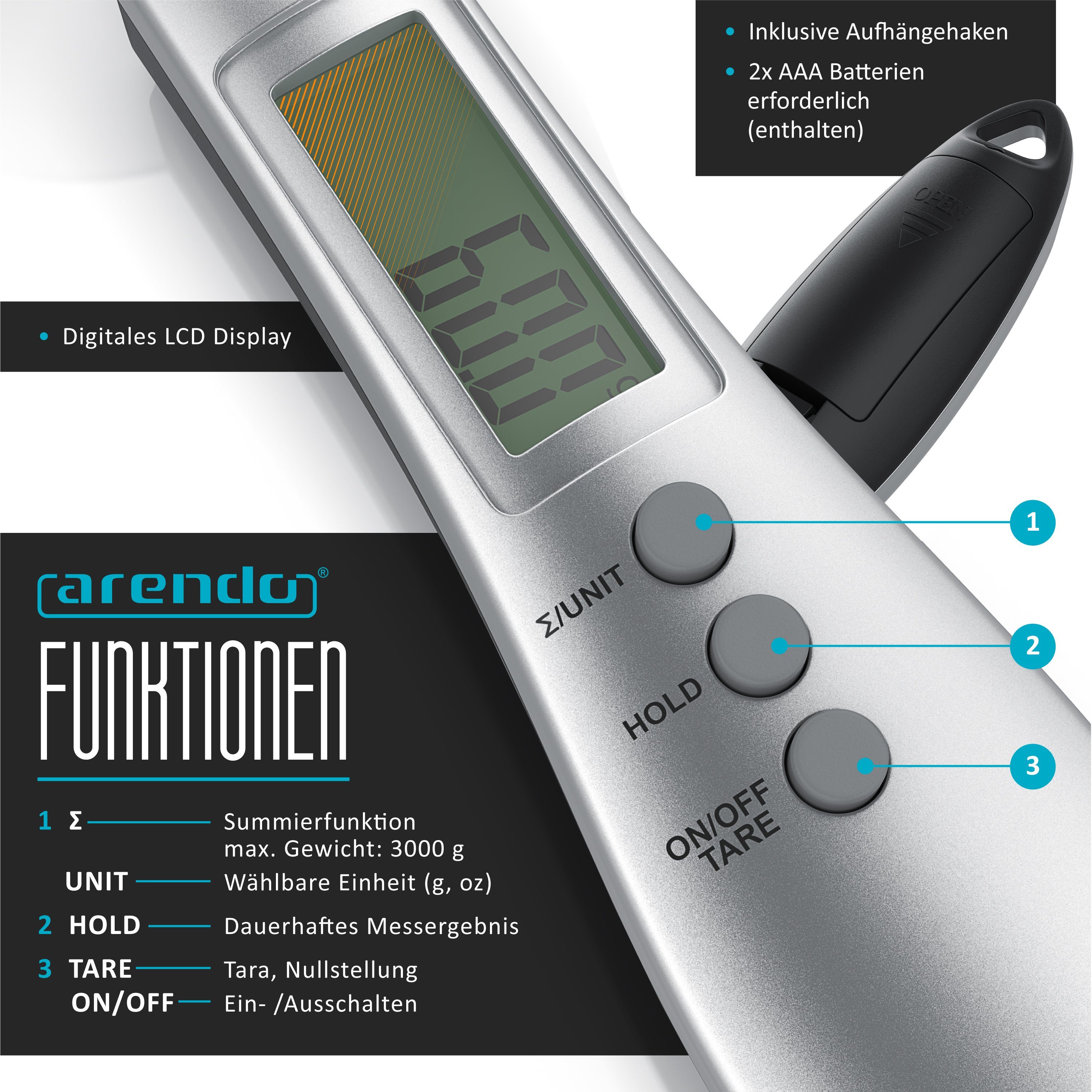 Arendo Löffelwaage, digital 0,1g, Küchenwaage, Feinwaage, LCD-Anzeige, 2 abnehmbare Löffel