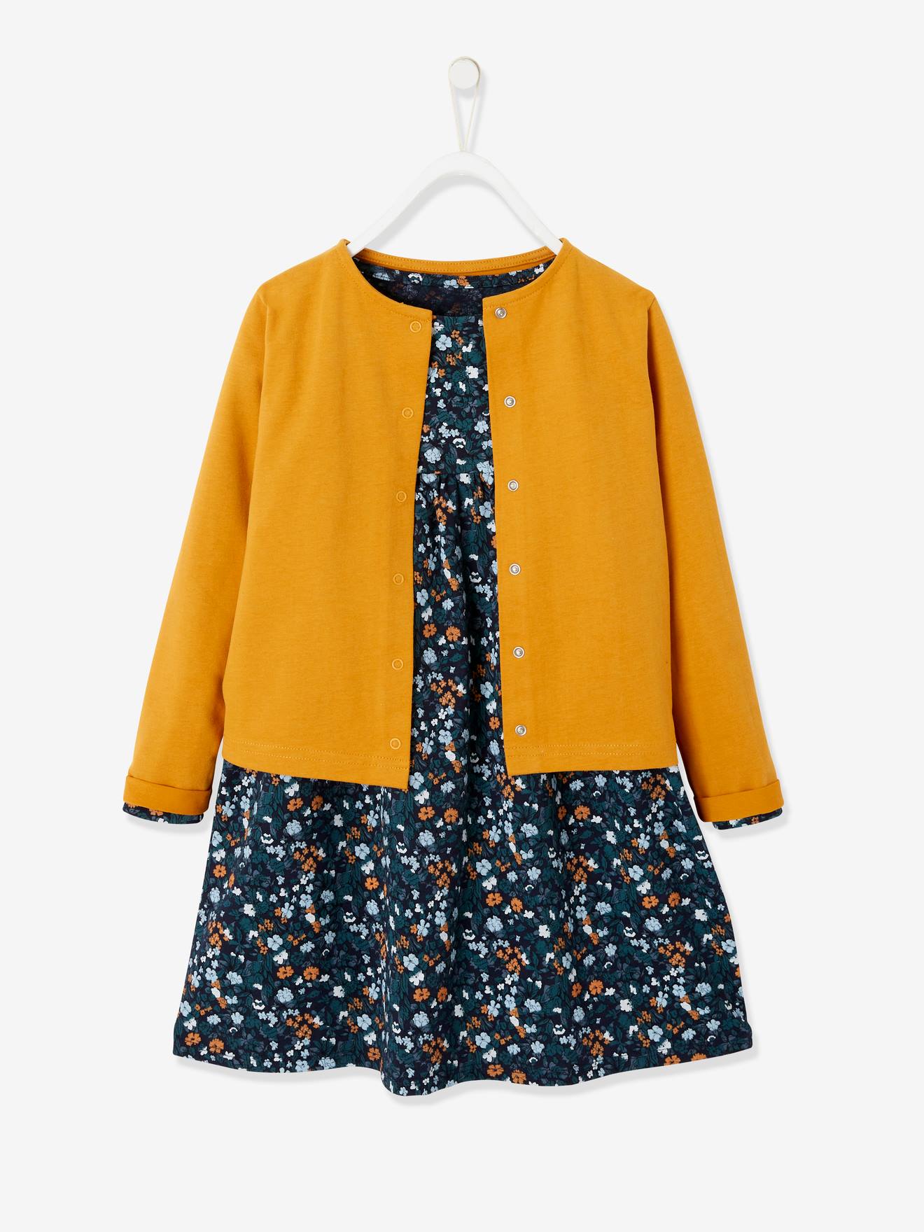 Ensemble fille cardigan et robe imprimée fleurs encre imprimé