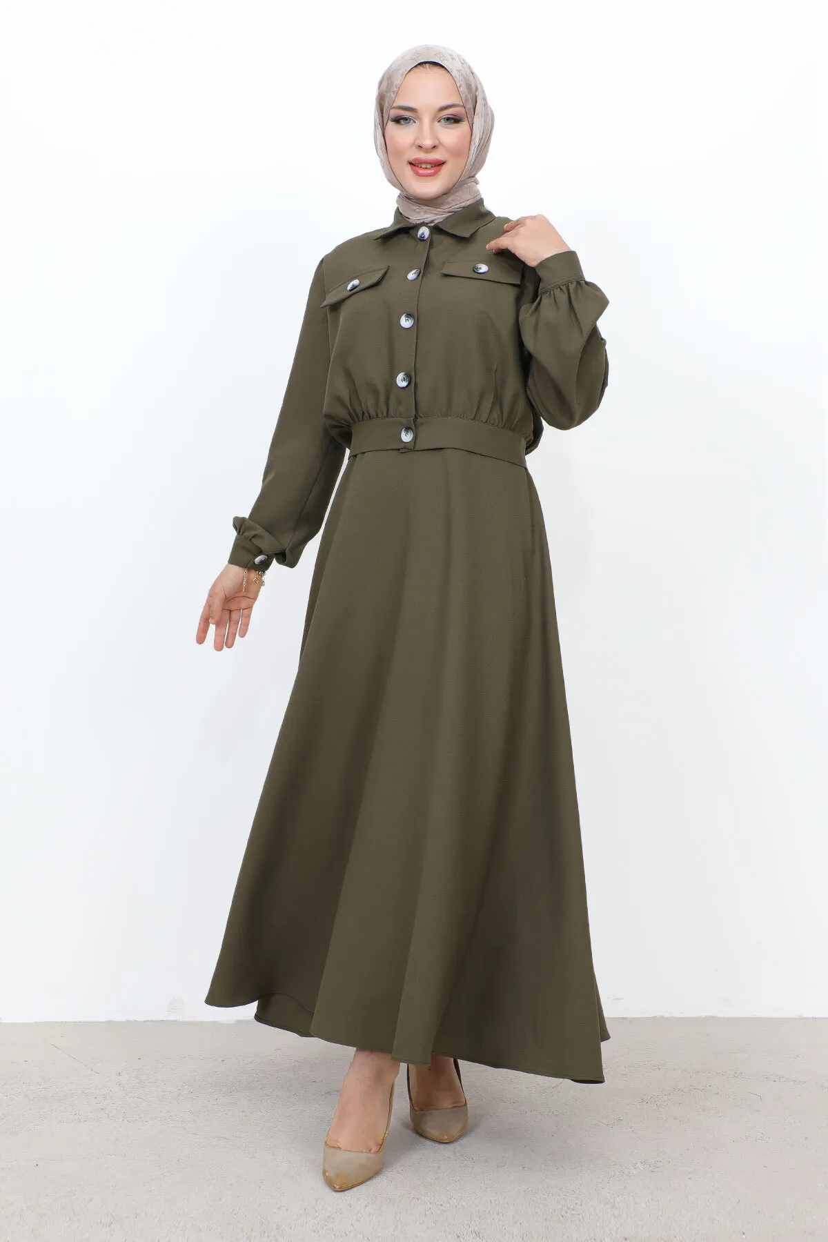 Tesettür Dünyası  Anzug mit geraffter Taille und Taschenrock TSD231201 Khaki