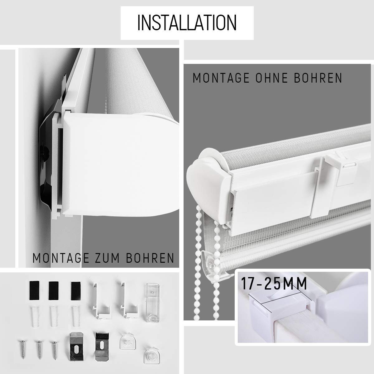 Doppelrollo Klemmfix ohne Bohre, OUBO, verdunkelnd, Fensterrollo Seitenzugrollo Blickdicht, Für Fenster und Tür mit Klämmträger lichtdurchlässig verdunkelnd