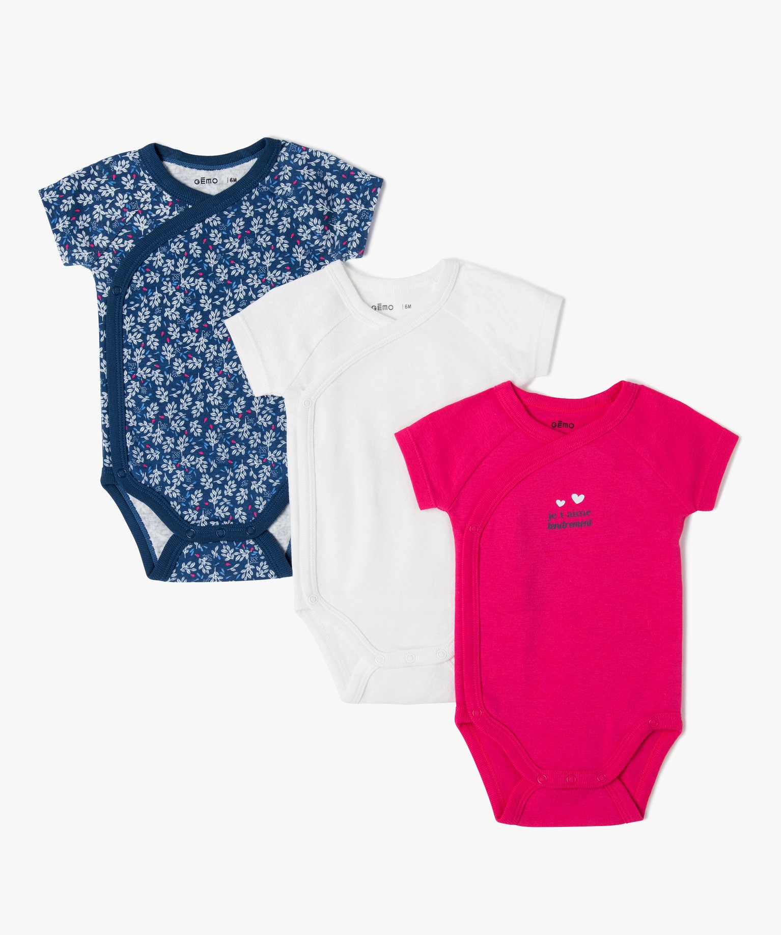 Bodies bébé manches courtes fermeture croisée (lot de 3) rose fonce | GEMO