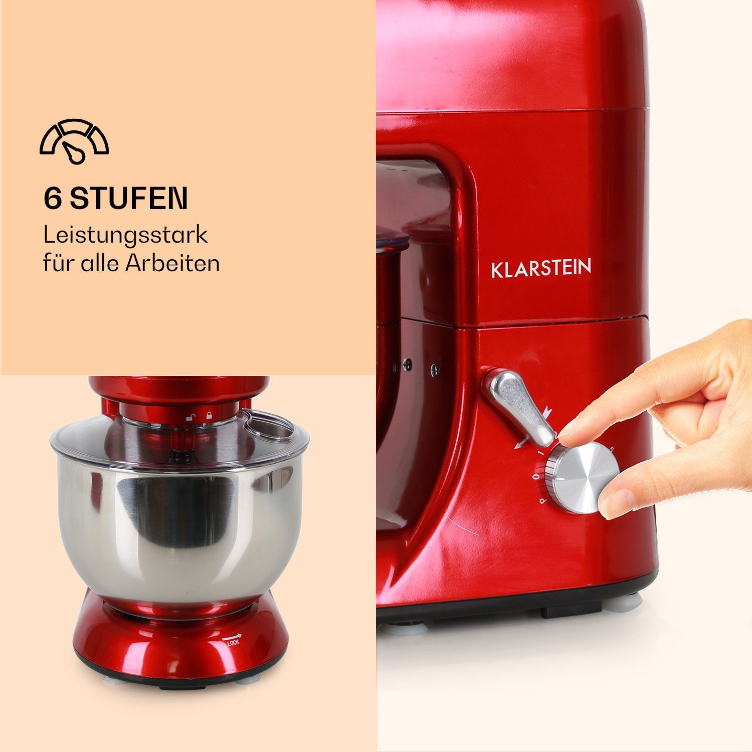Klarstein Küchenmaschine mit Kochfunktion Lucia Rossa, 2000 W, 5.2 l Schüssel, Knetmaschine Teigmaschine Teigknetmaschine Rührmaschine Fleischwolf