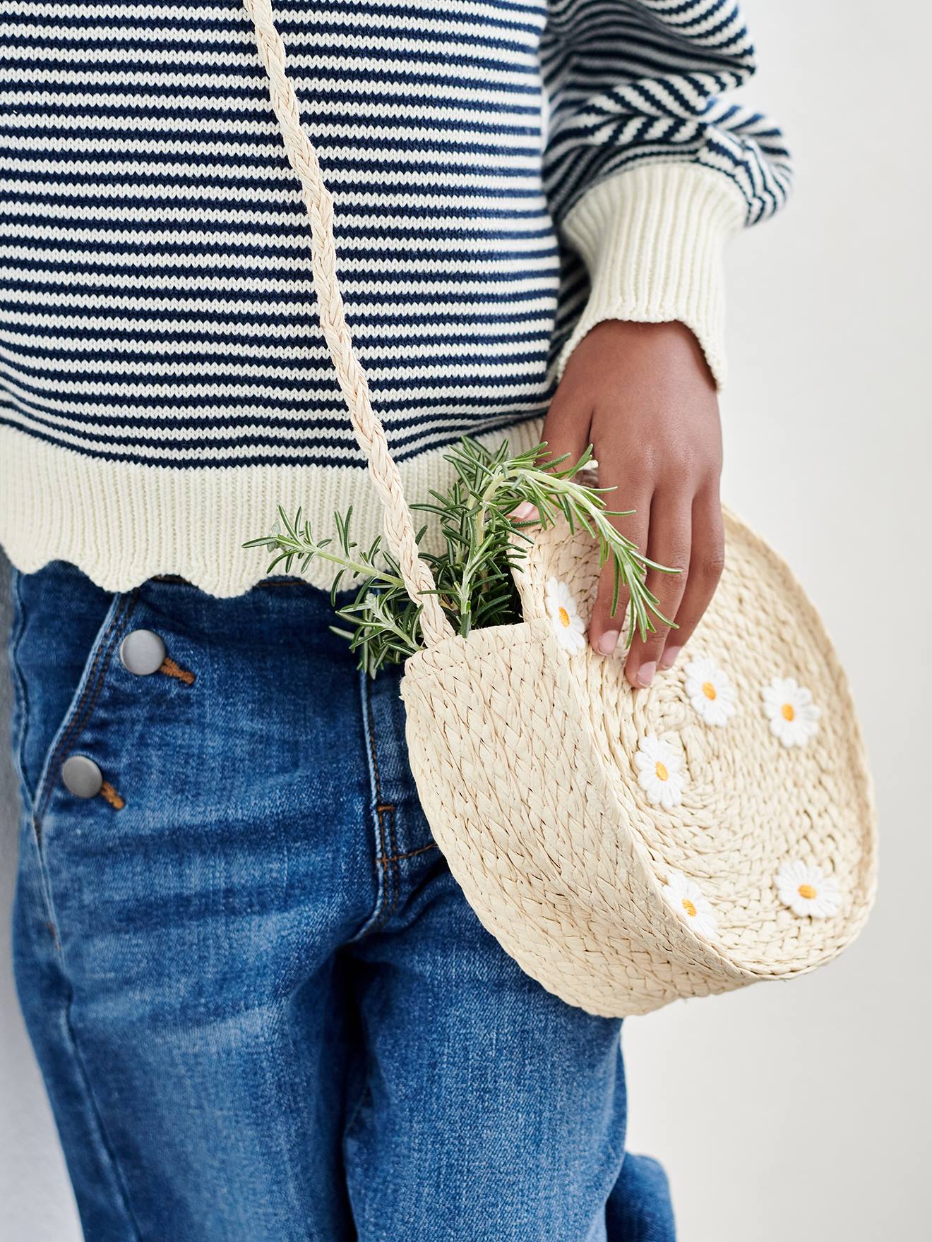 Sac rond fille marguerites façon paille sable