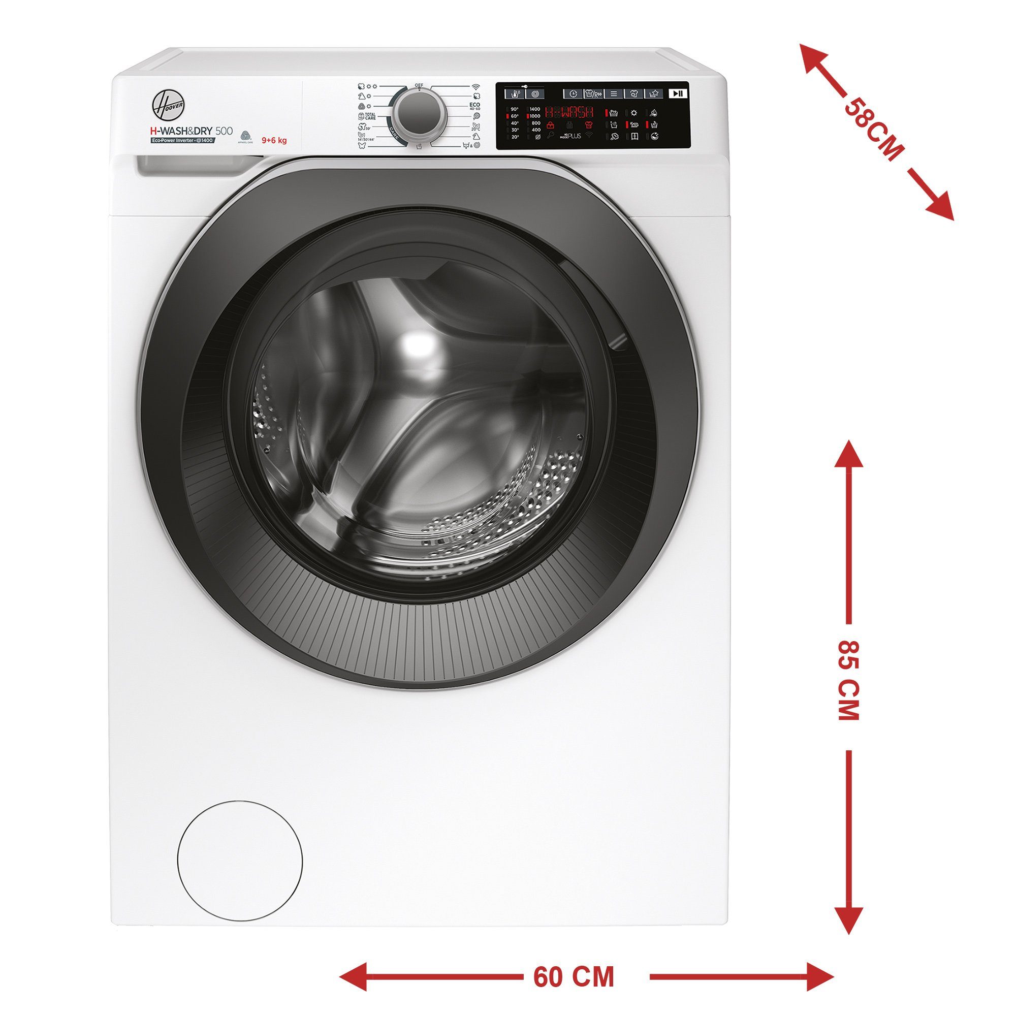 Hoover Waschtrockner H-WASH500 HDQ 496AMBS/1-S, 9,00 kg, 6 kg, 1400 U/min, hOn App / Wi-Fi + Bluetooth, Aquastop-Schlauch, Inverter Motor