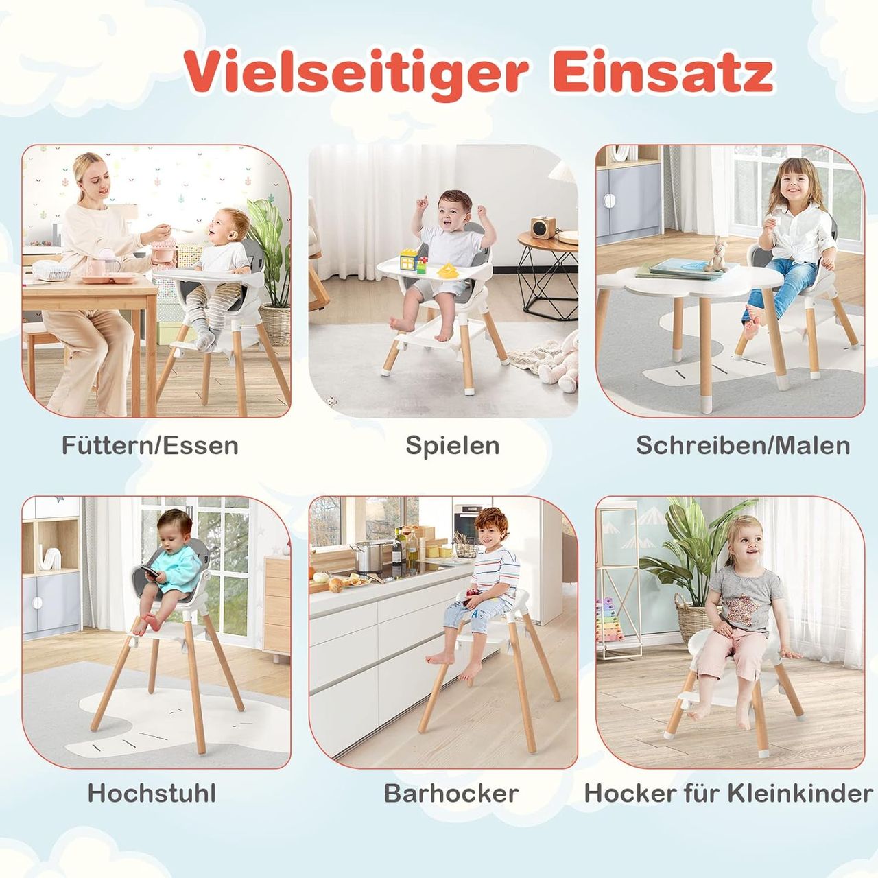 Costway 6 in 1 Babyhochstuhl aus PP & Buchenholz