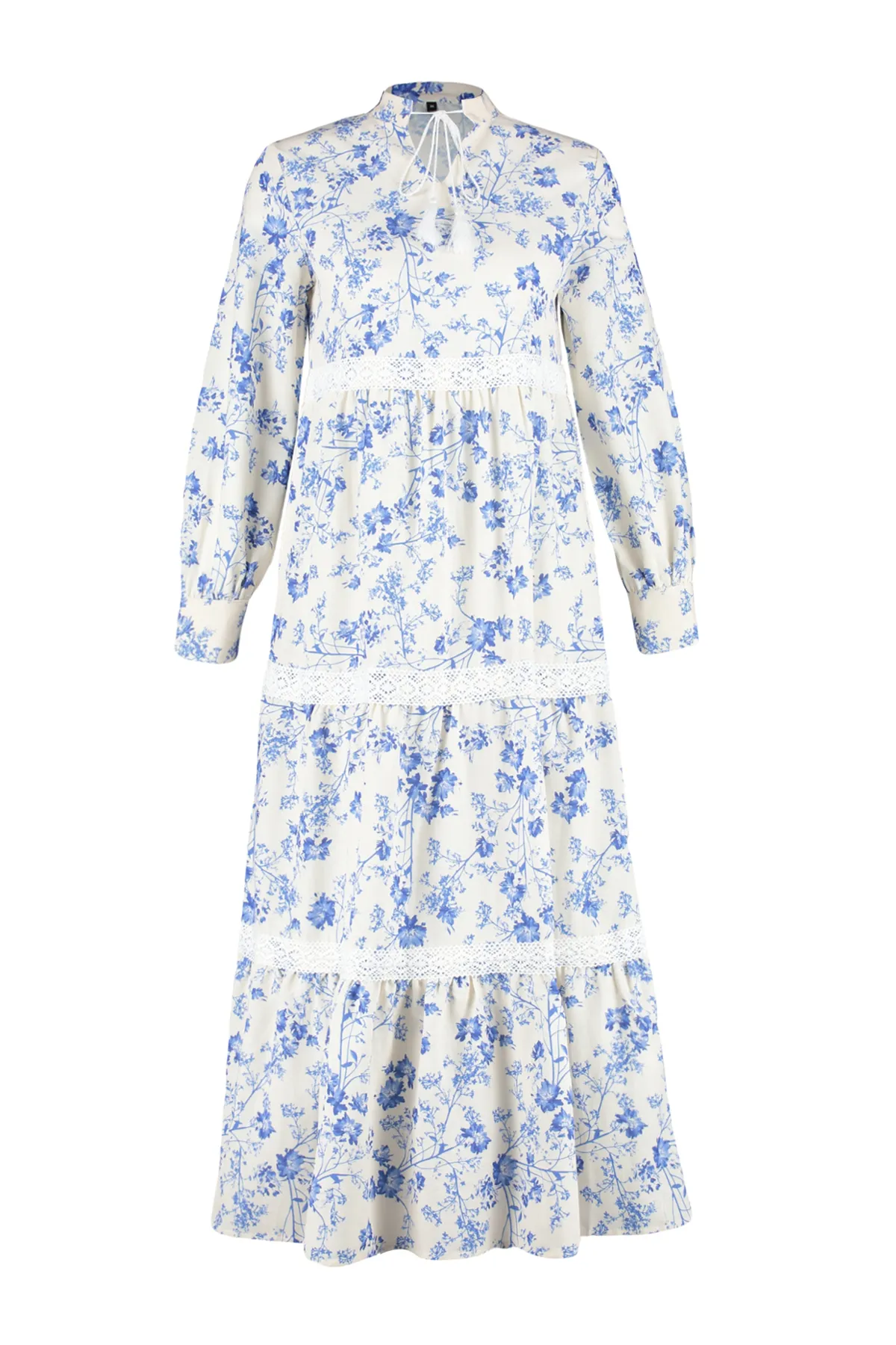 Trendyol Modest  Beigefarbenes, gewebtes Kleid in Leinenoptik mit Blumenmuster TCTSS24EB00054