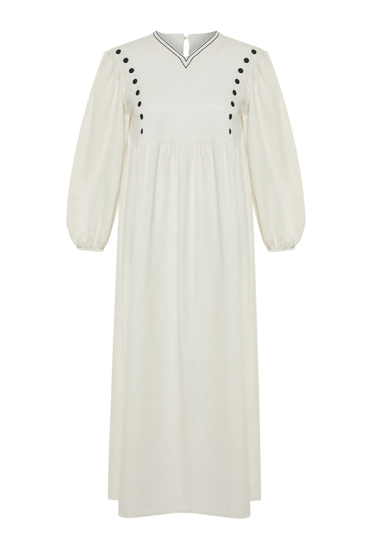 Trendyol Modest  Ecrufarbenes, detailliertes Kleid in gewebter Leinenoptik mit V-Ausschnitt TCTSS24EB00139