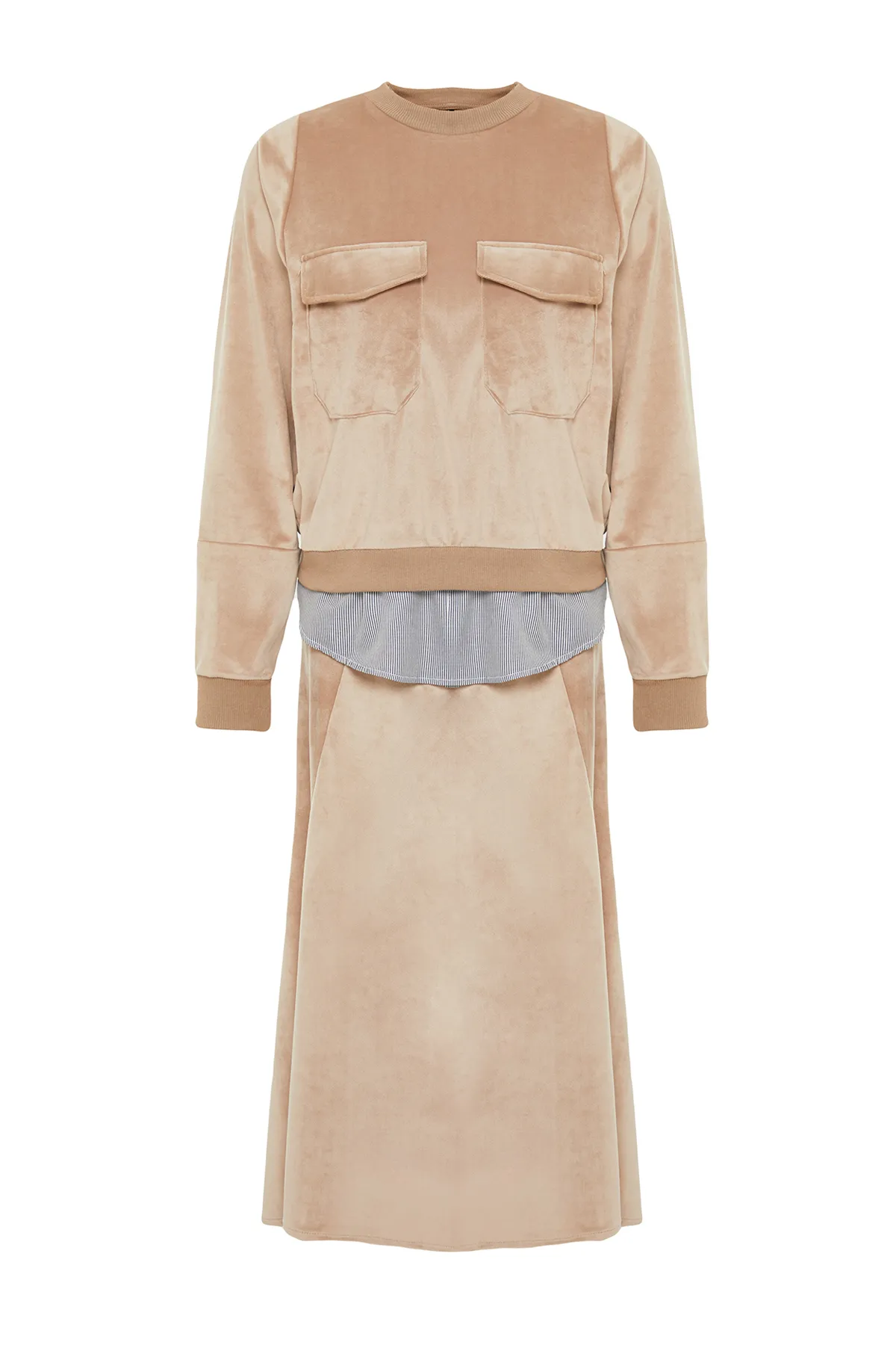 Trendyol Modest  Hellbraunes Samt-Innenhemd, detailliertes Strickrock-Bottom-Top-Set TCTAW24US00118