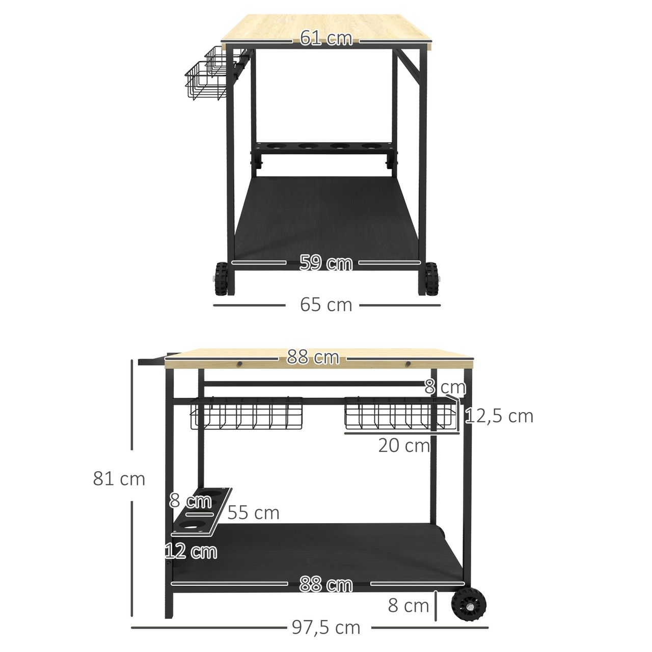 Outsunny Servierwagen Barbecue Trolley Gartenrollwagen mit 2 Ebenen Natur