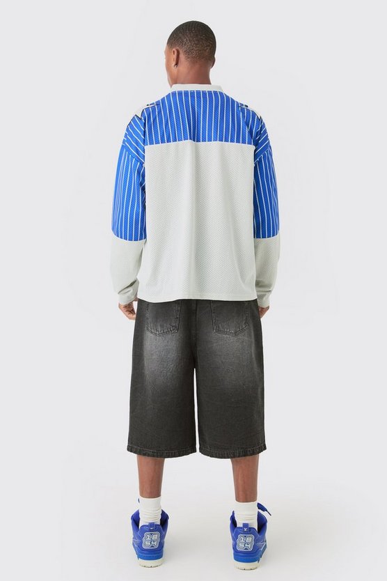 Langärmliges Oversize Mesh-Oberteil mit Official Streifen