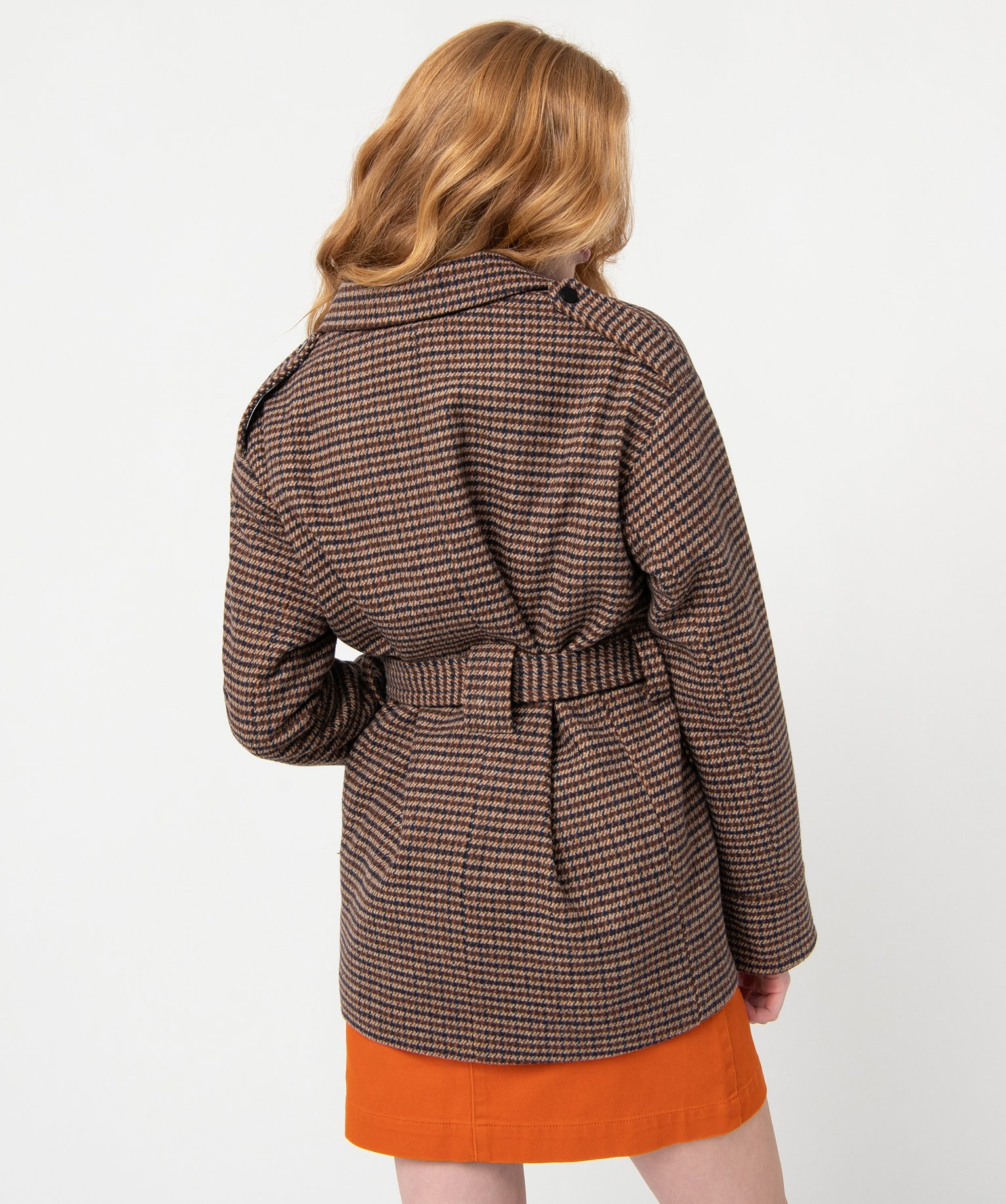 Manteau court femme à motif pied de poule marron clair | GEMO