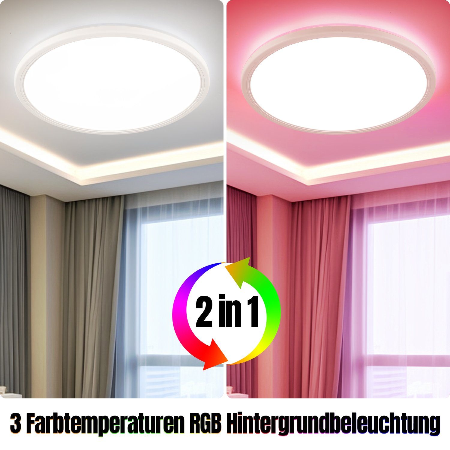 iscooter LED Deckenleuchte Ultra Dünn LED Deckenlampe, 24W RGB Backlight Deckenlampe Flach Rund, LED fest integriert, warmweiß, neutralweiß, kaltweiß, RGB, Dimmbar mit Fernbedienung, für Schlafzimmer/Wohnzimmer/Badezimmer/Küche
