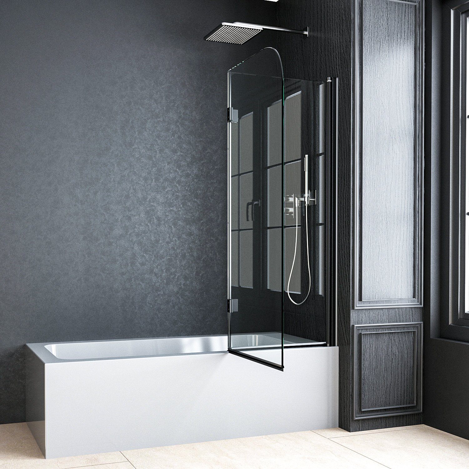 Boromal Badewannenaufsatz Duschwand für Badewanne Schwarz 120 x 140cm Faltbar Duschabtrennung, (Klarglas /Teilsatiniert glas), Badewannenfaltwand Glaswand 6mm ESG Glas