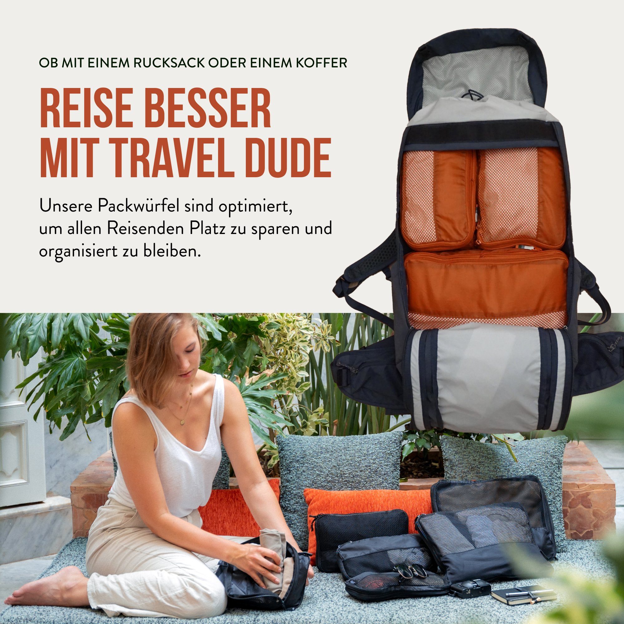 TRAVEL DUDE Kofferorganizer aus recycelten Plastikflaschen (ultraleichte Packwürfel, 4-tlg., Mit Packtaschen in verschiedenen Größen und einem Wäschebeutel), mit Kompression und einem Nassfach