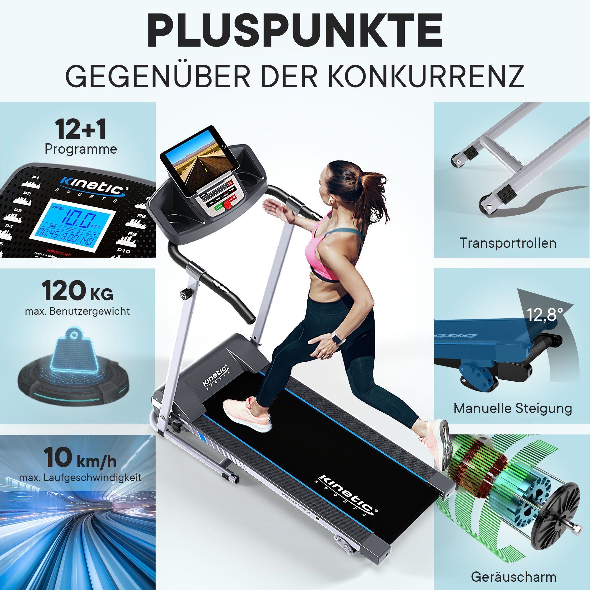 Kinetic Sports Laufband KST2700FX, klappbar, Konsole mit LCD-Display, 750 Watt Motor, bis 10 km/h