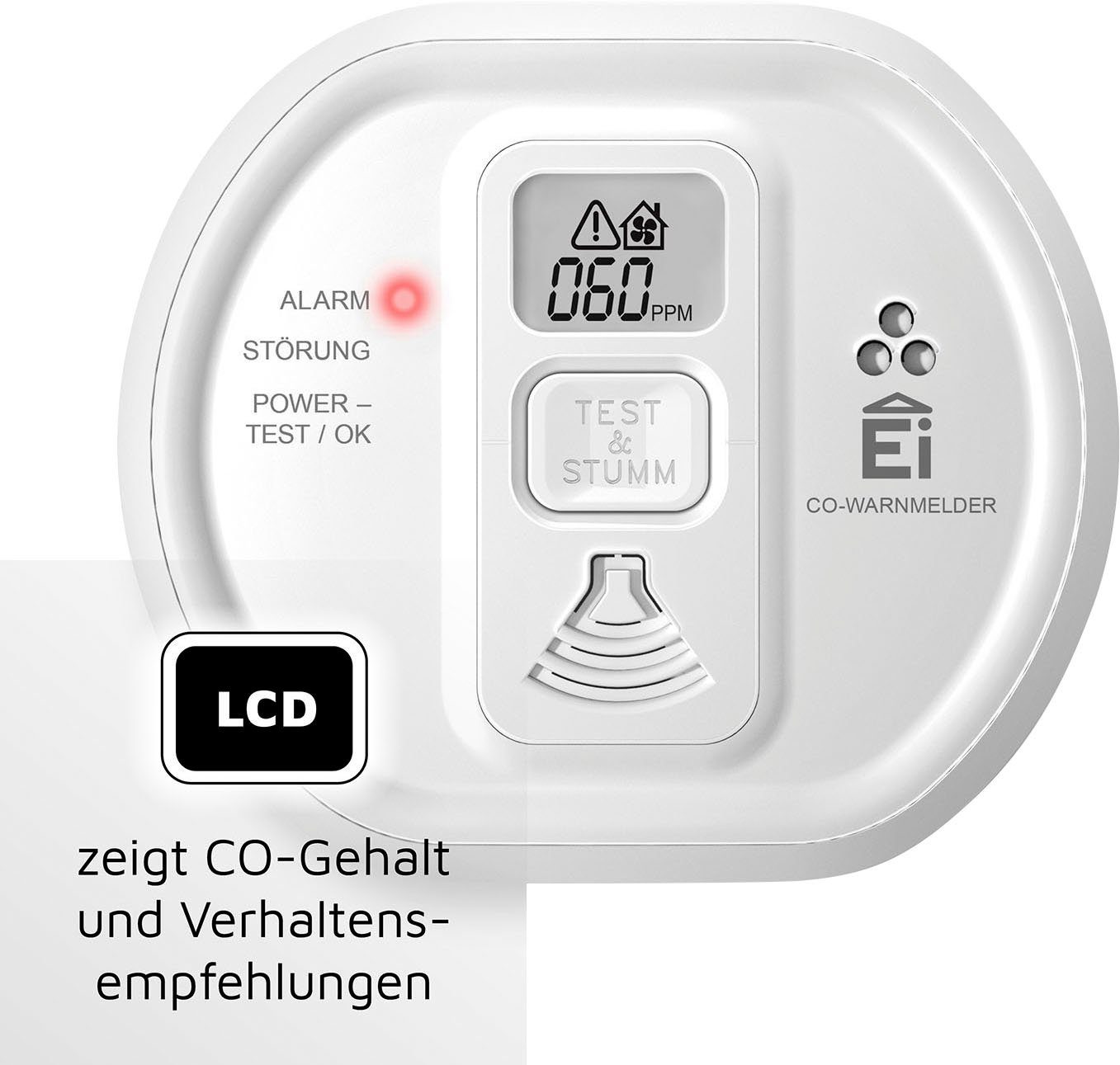 Ei Electronics Ei208D CO-Melder (LCD-Display, mit 10-Jahres-Batterie und LCD-Display)